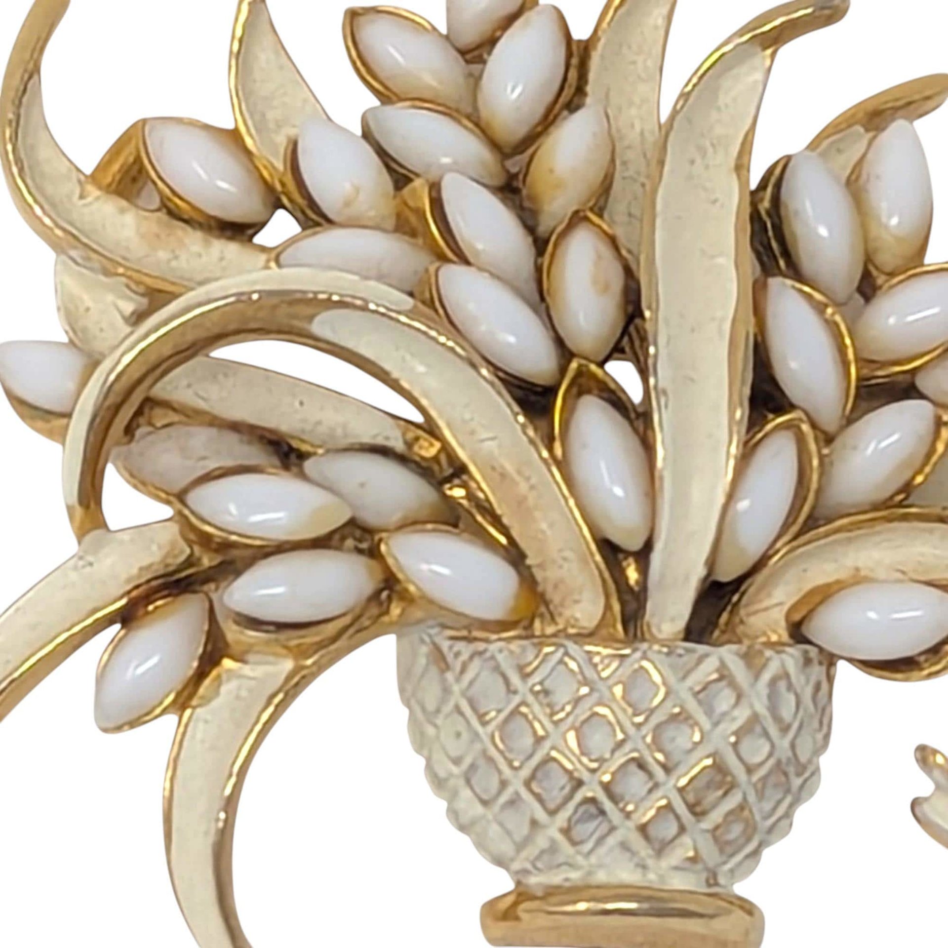 Vintage ART Flower Basket Brooch: White Enamel Gold Tone Pin