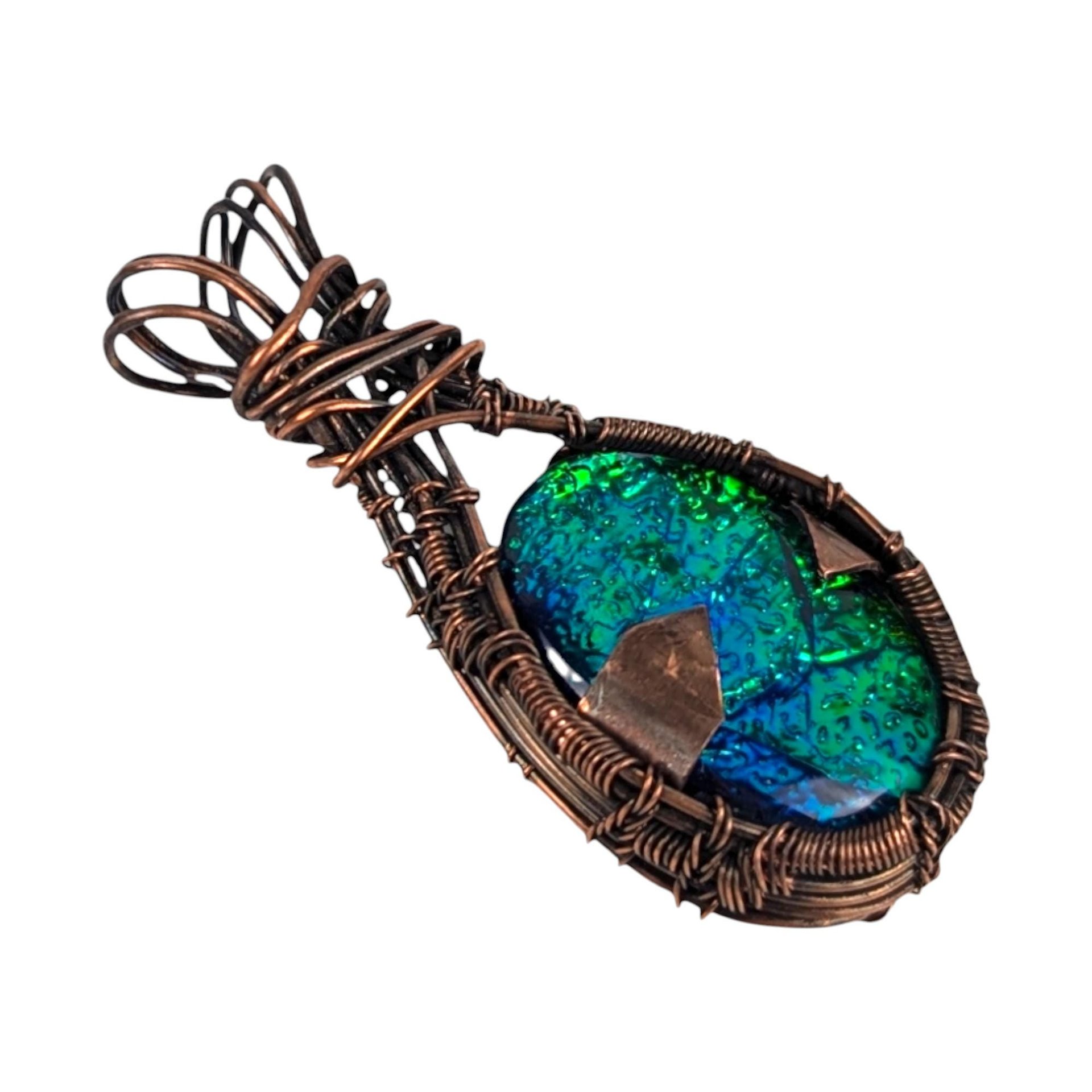 Copper Wire Wrapped Green Imitation Opal Pendant: Handmade Artisan Jewelry