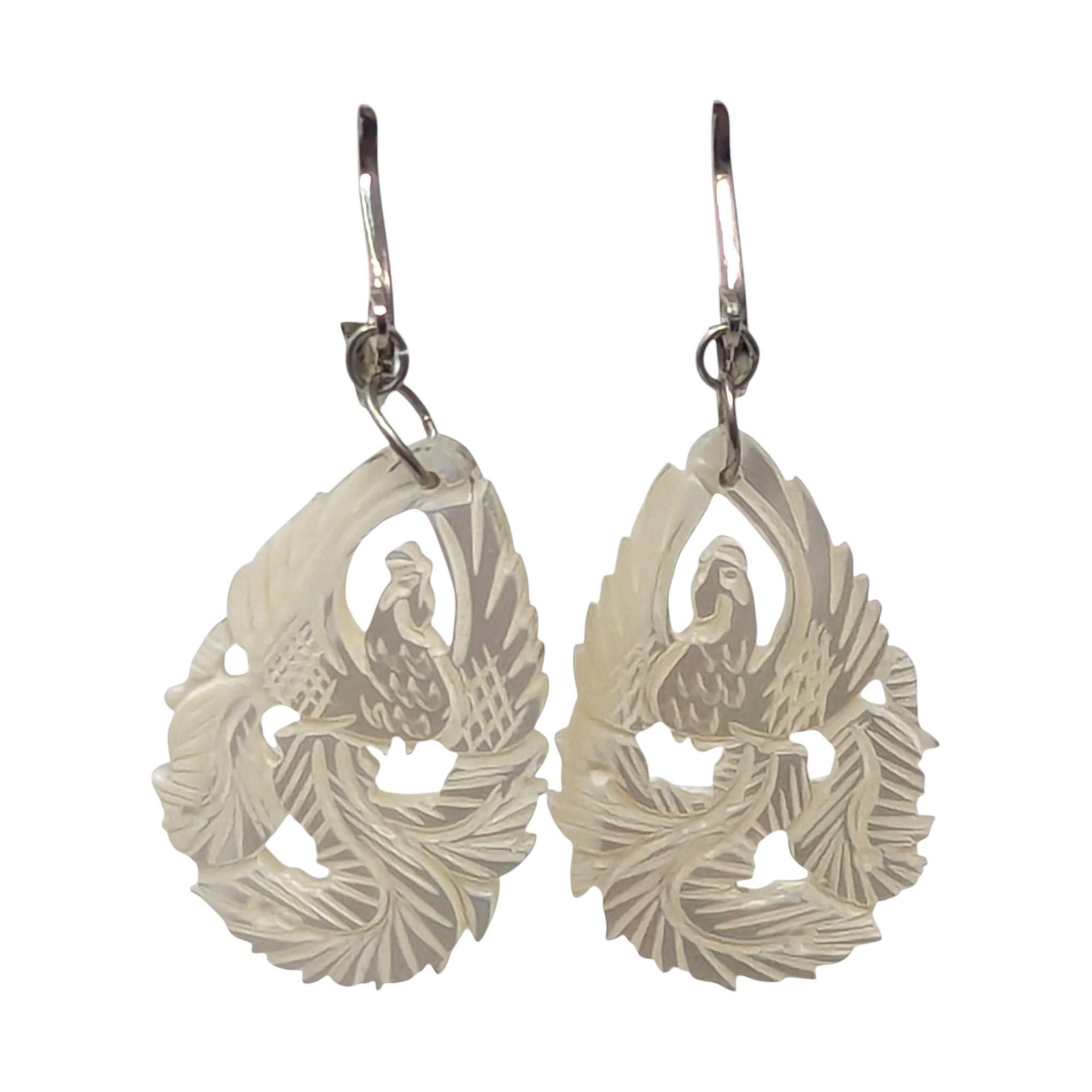 Vintage Carved Shell Bird Earrings: Mother of Pearl Clip On Dangles