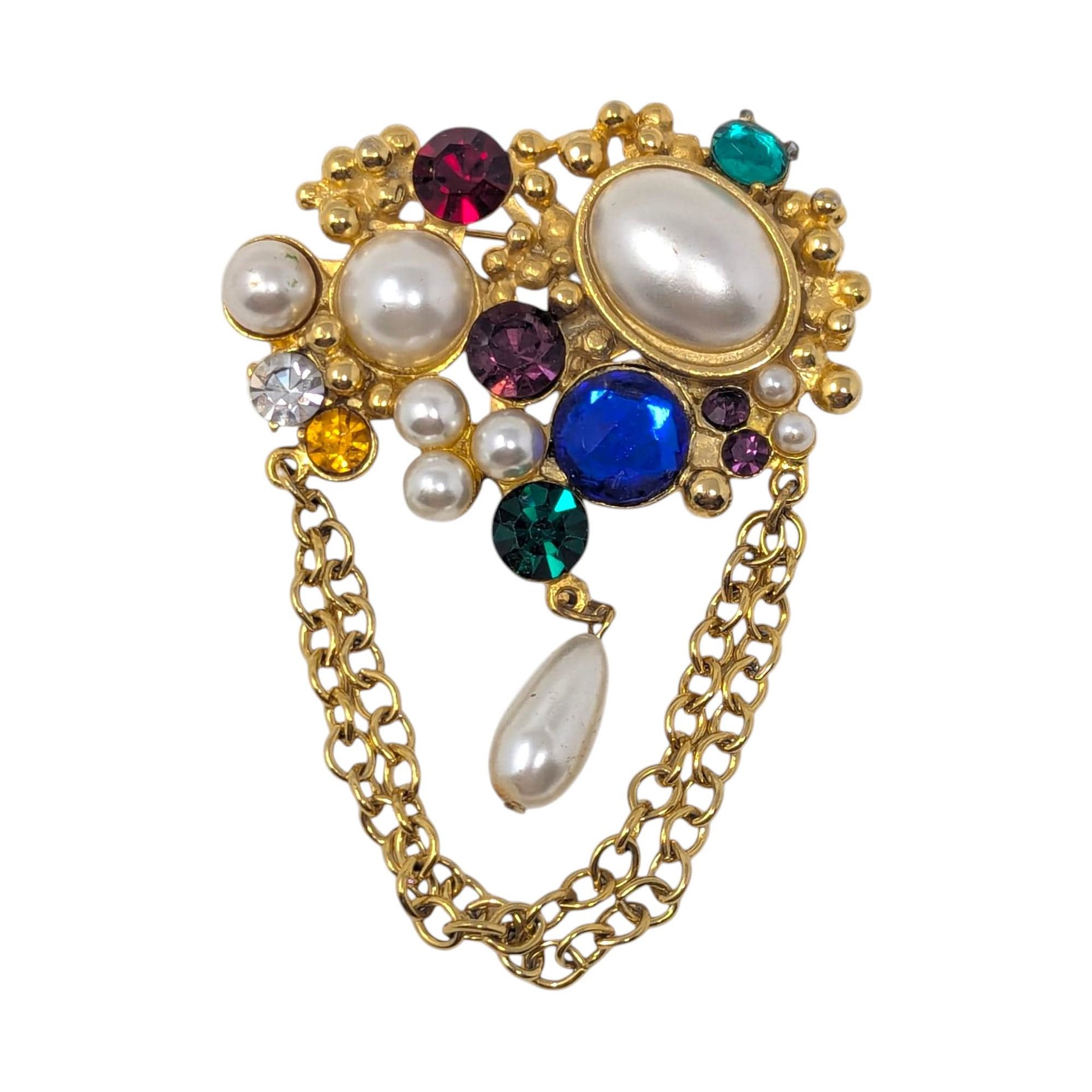 Vintage 80s Maximalist Brooch: Couture Style Jewel & Pearl Dangle Pin