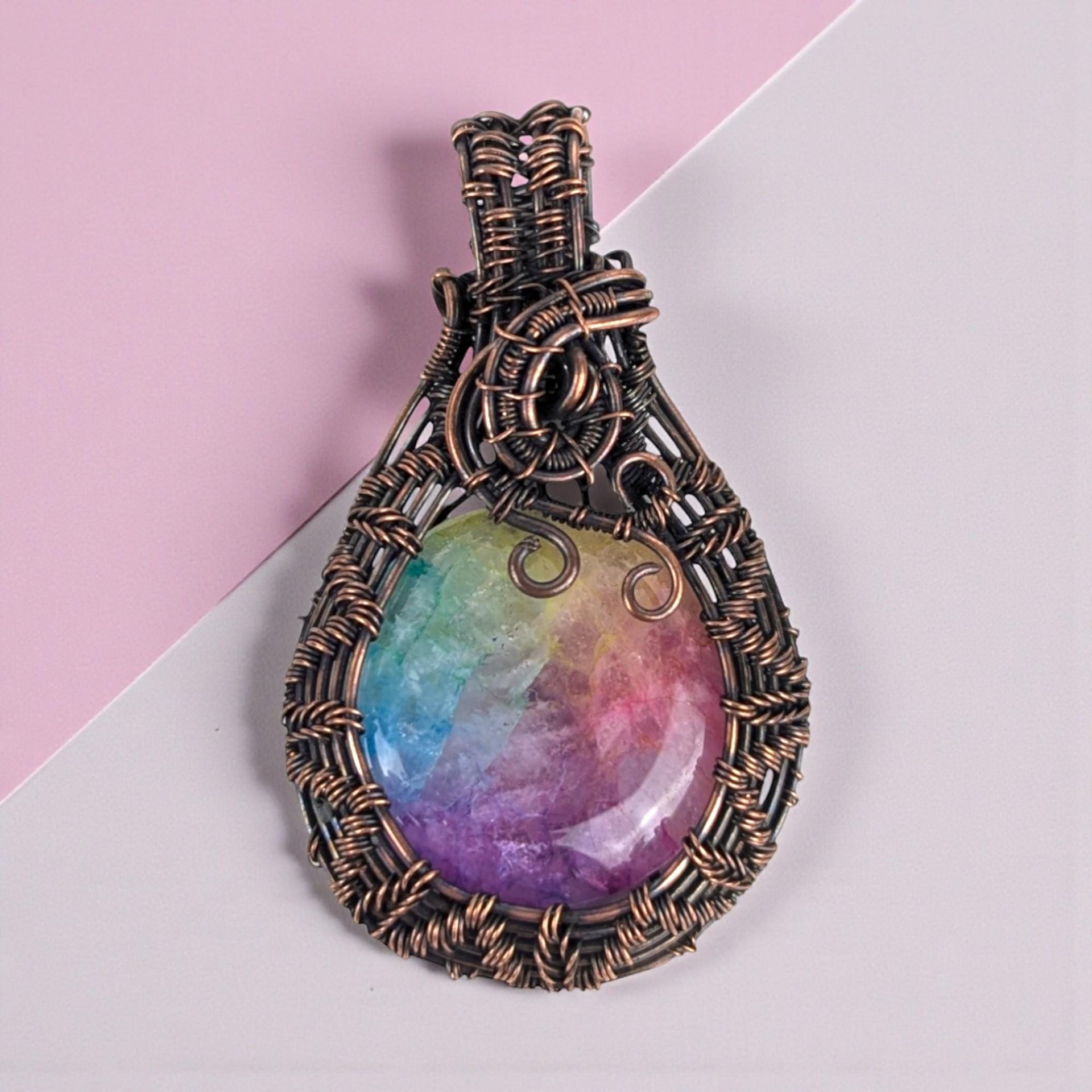 Rainbow Solar Quartz Pendant: Handmade Copper Wire Wrapped Jewelry