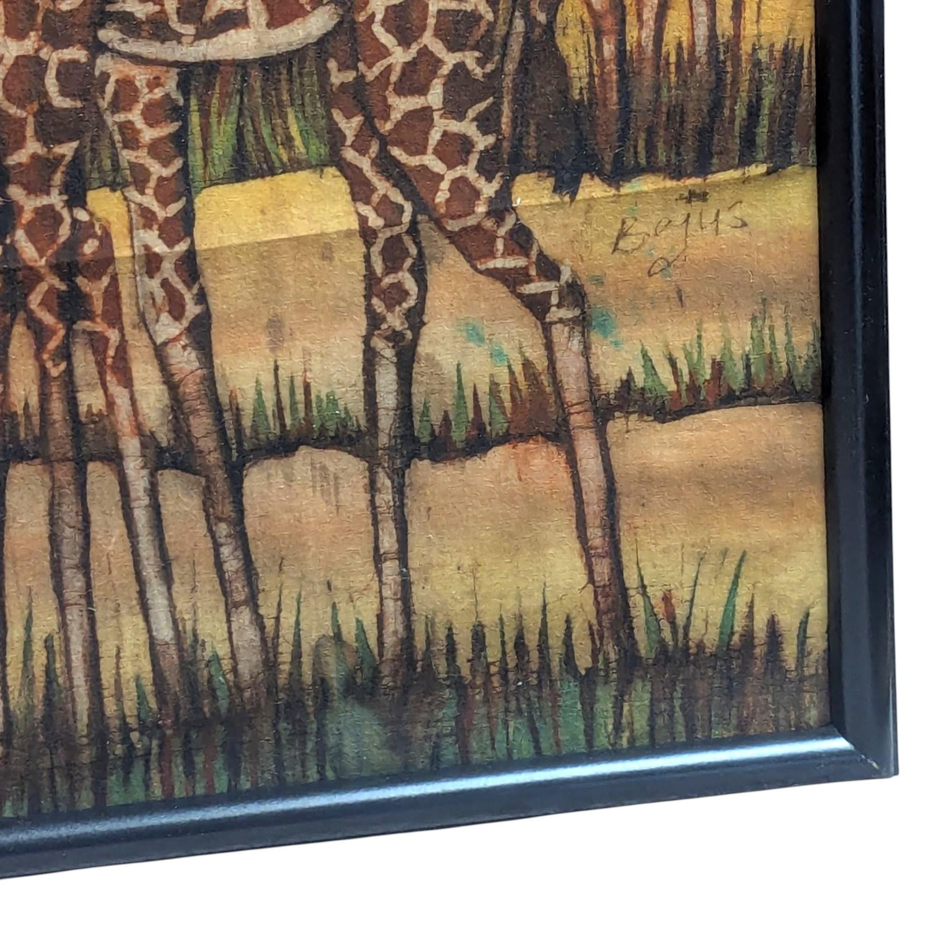 Vintage African Batik Painting: Safari Giraffe Cloth Wall Art