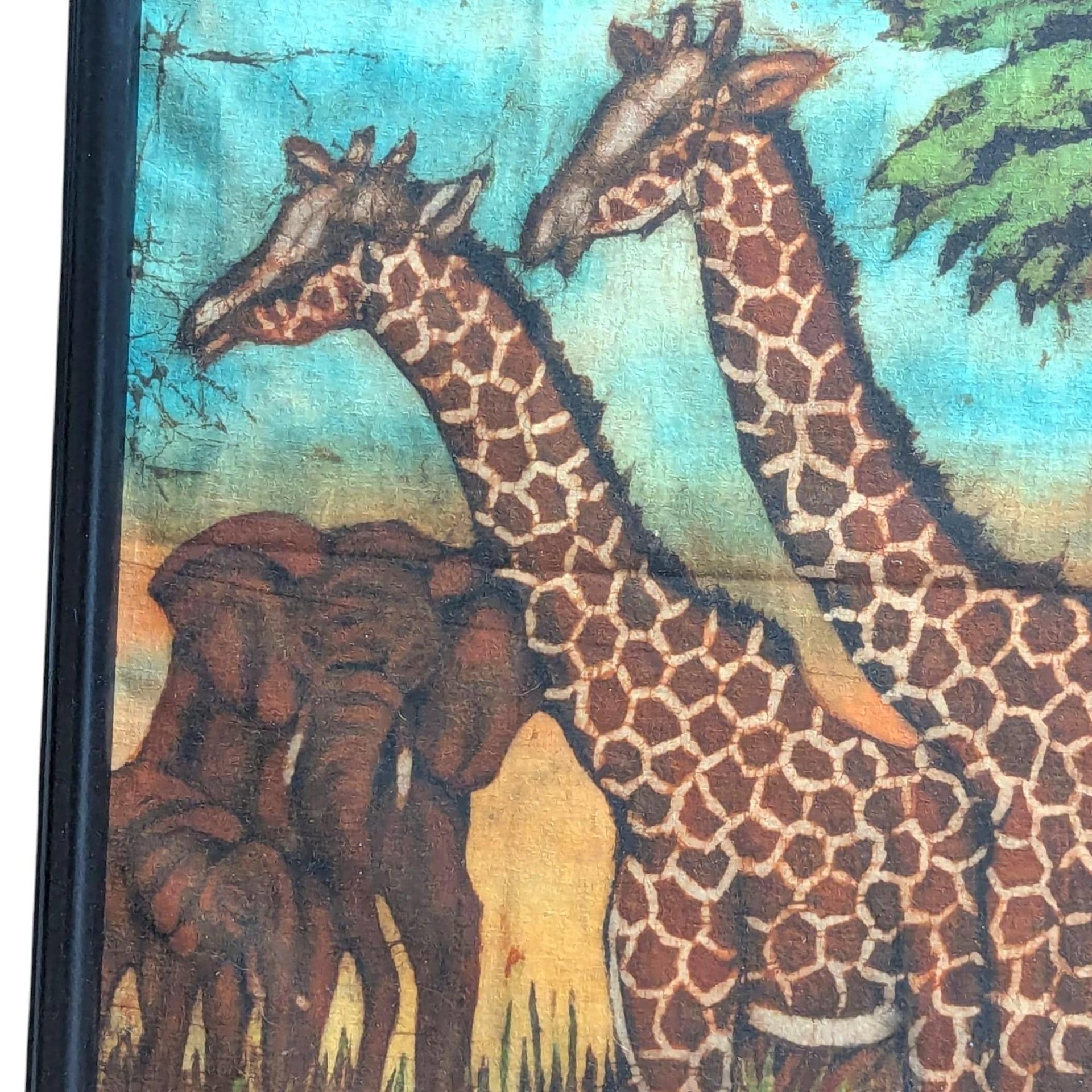 Vintage African Batik Painting: Safari Giraffe Cloth Wall Art