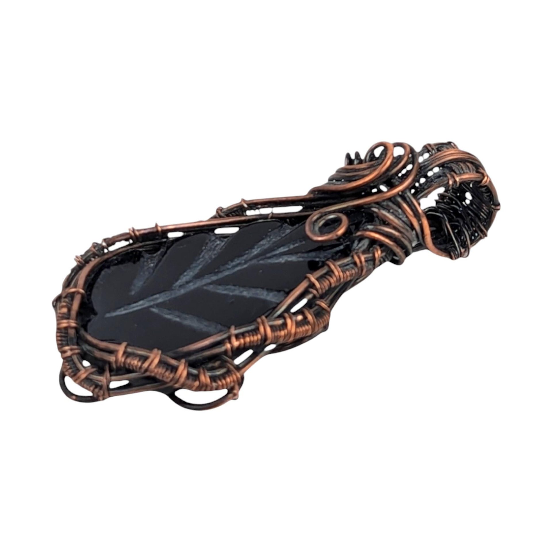 Carved Black Onyx Leaf Pendant: Copper Wire Wrapped Handmade Jewelry