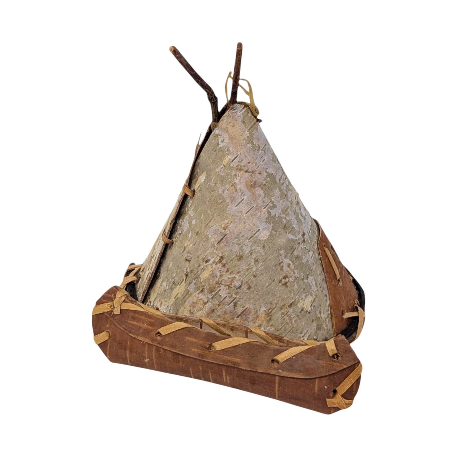 Vintage Handmade Birch Bark Ornaments: Teepee and 8 Canoe Set
