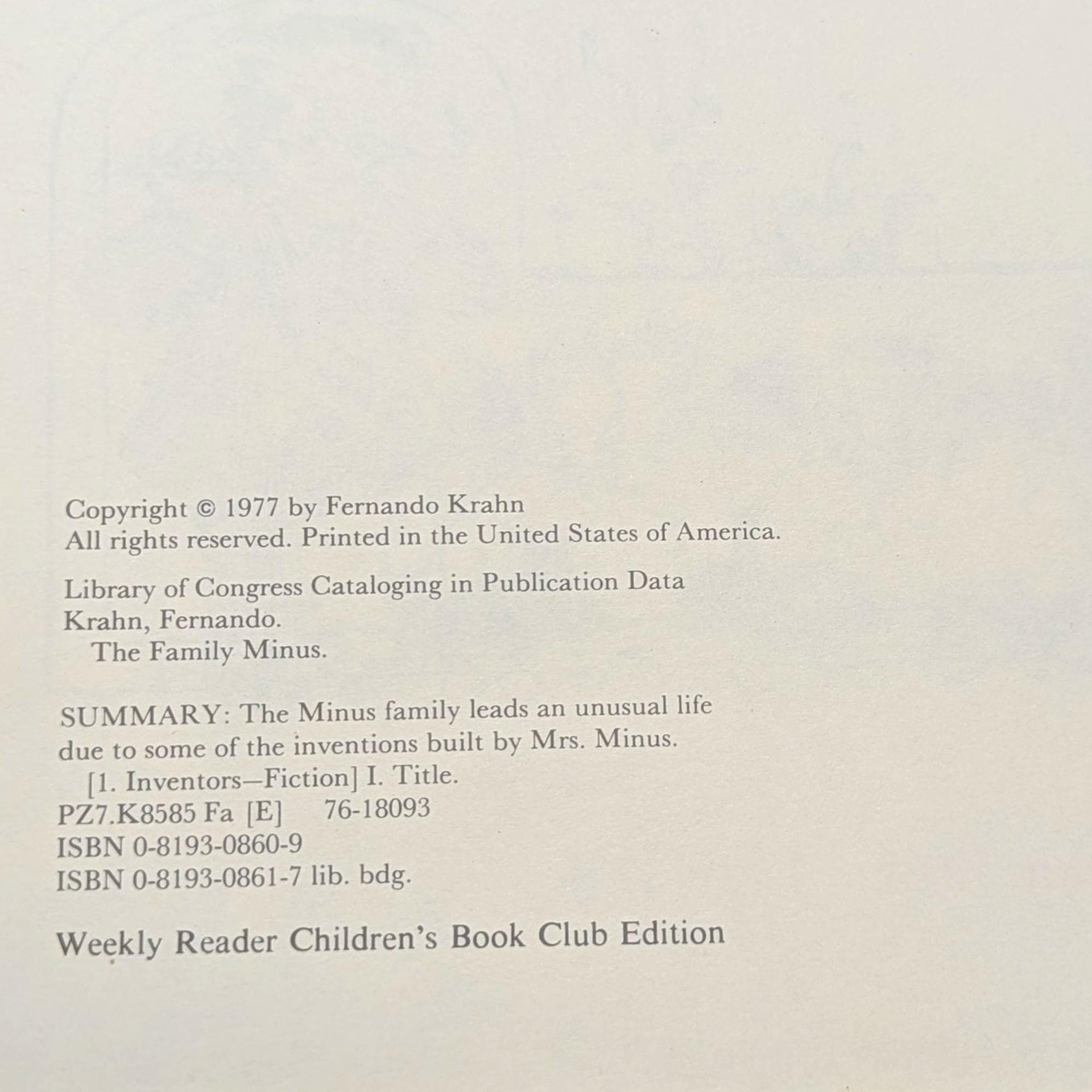 Vintage 1977 The Family Minus: Fernando Krahn Illustrated Hardcover Book