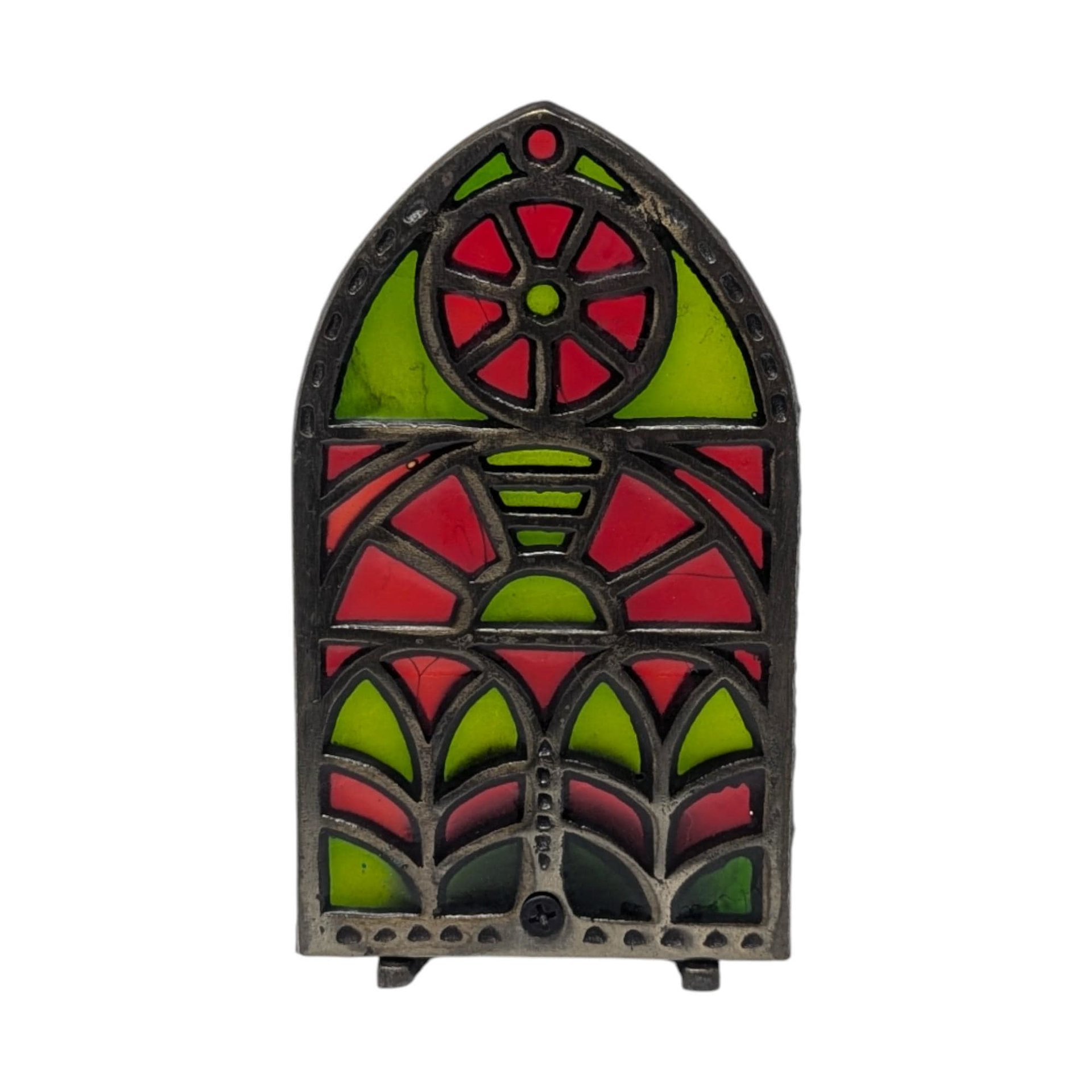 Vintage Faux Stained Glass Candle Holder: Gothic Cathedral Window Metal and Resin Tealight Holder