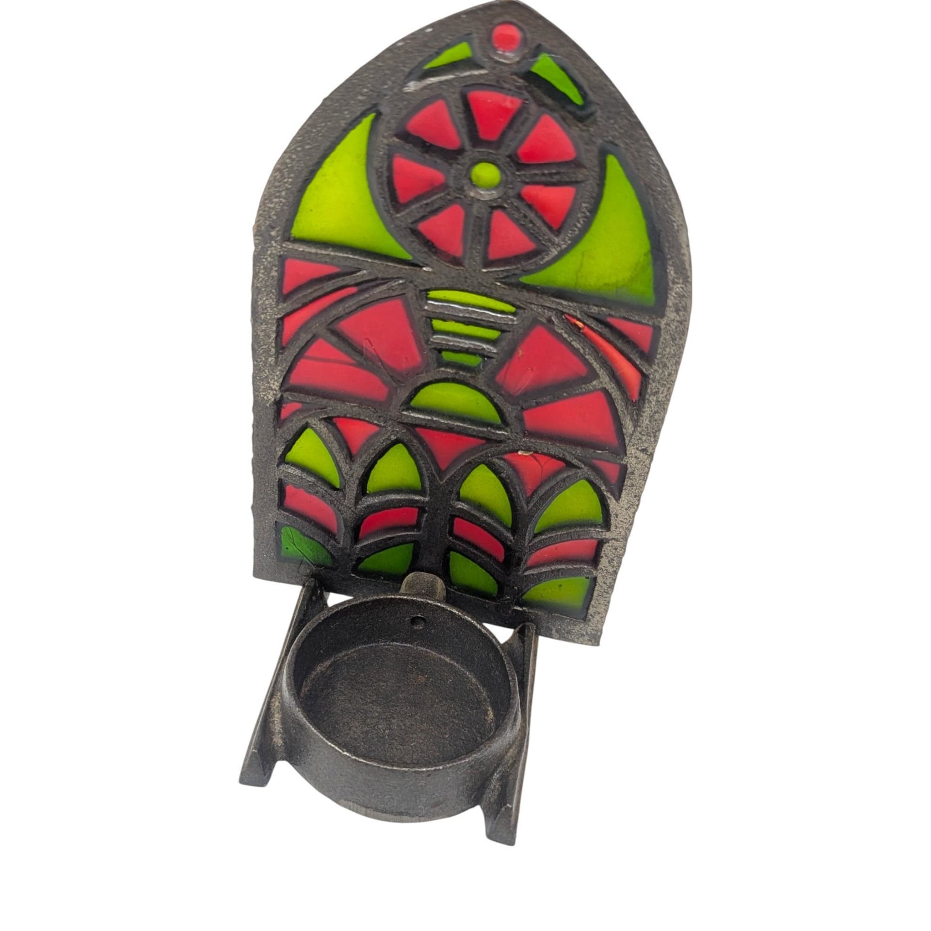 Vintage Faux Stained Glass Candle Holder: Gothic Cathedral Window Metal and Resin Tealight Holder