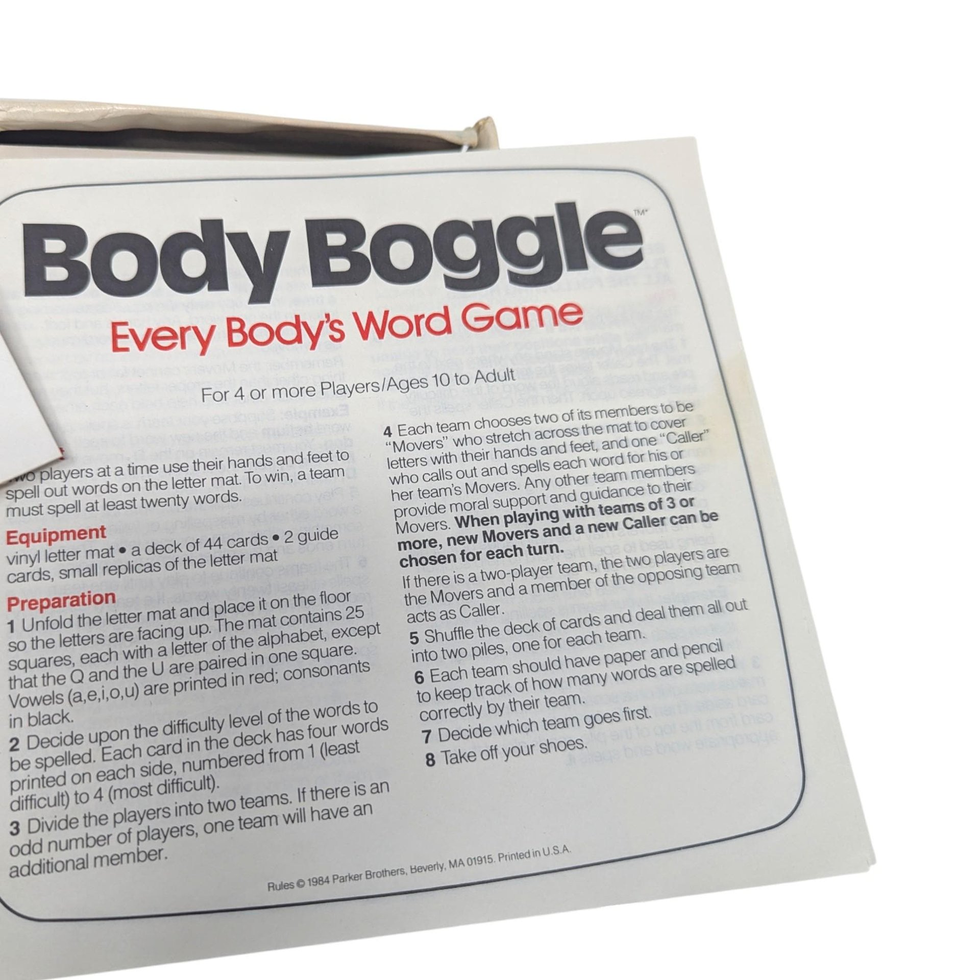 Vintage 1984 Body Boggle Game: Parker Brothers Floor Party Activity