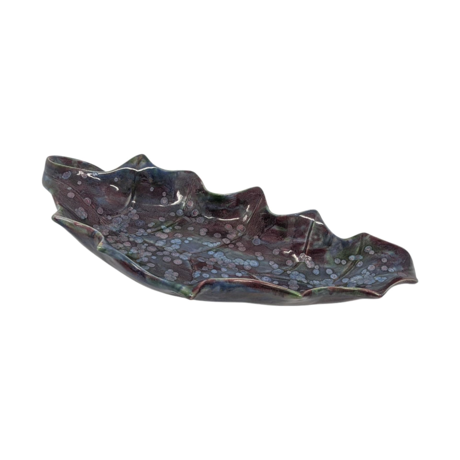 Vintage Handmade Ceramic Leaf Dish: Purple Crystalline Glaze Holly Tray