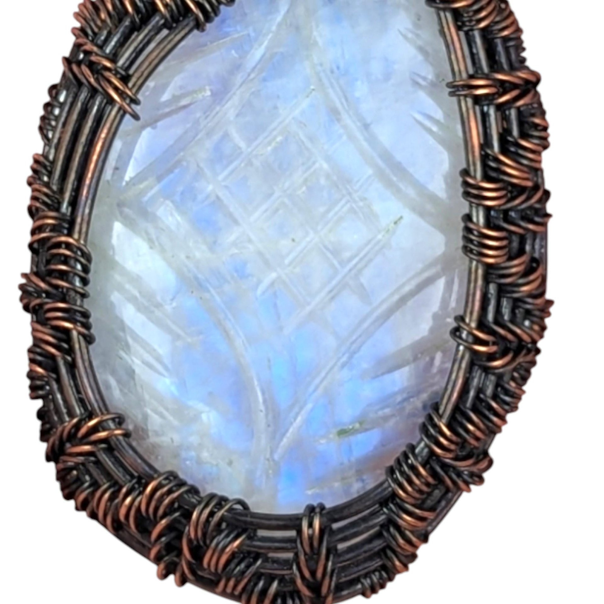 Carved Moonstone Pendant: Copper Wire Wrapped Handmade Artisan Jewelry