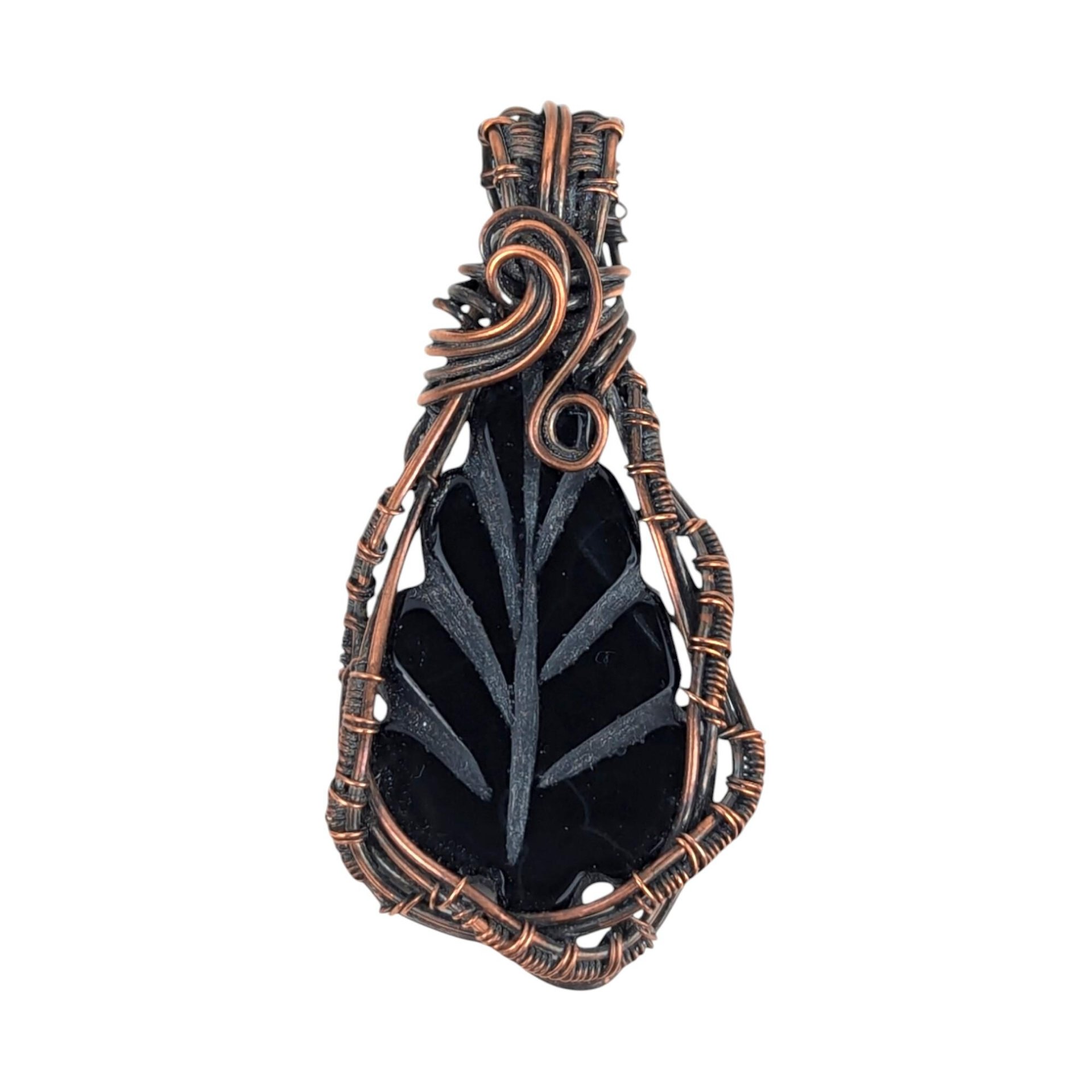 Carved Black Onyx Leaf Pendant: Copper Wire Wrapped Handmade Jewelry