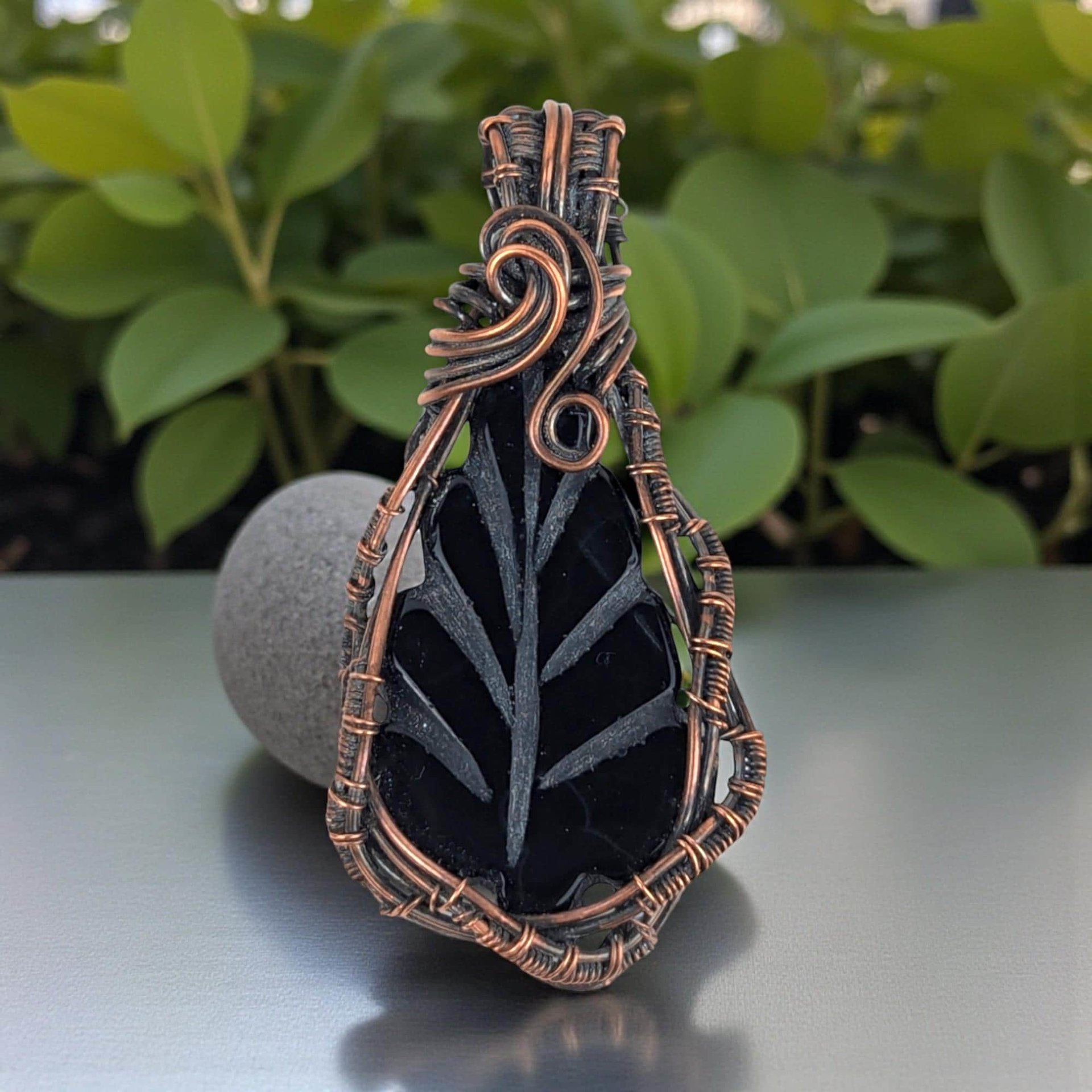 Carved Black Onyx Leaf Pendant: Copper Wire Wrapped Handmade Jewelry