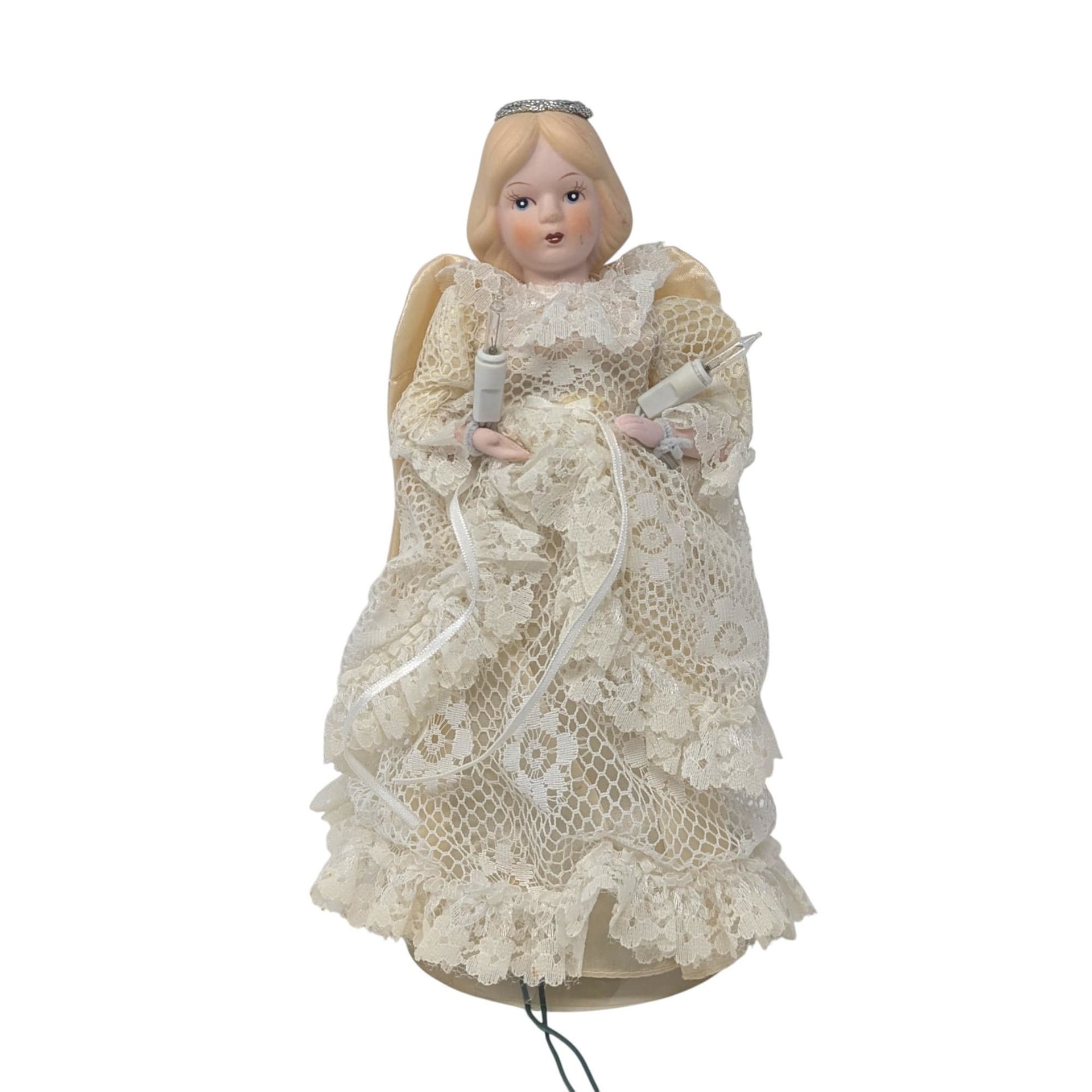 Vintage Lighted Angel Tree Topper: Porcelain Head and Lace Gown Decor