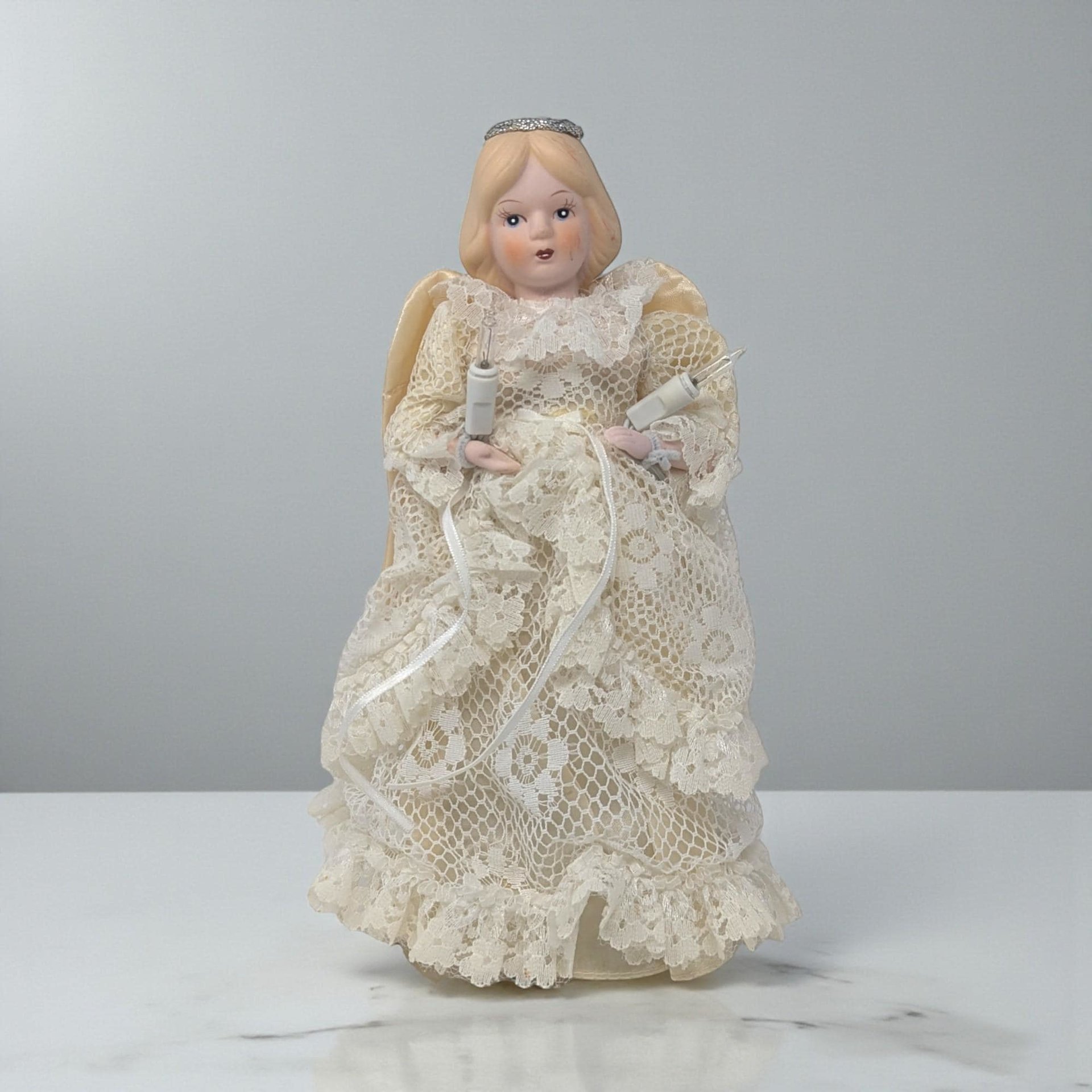 Vintage Lighted Angel Tree Topper: Porcelain Head and Lace Gown Decor