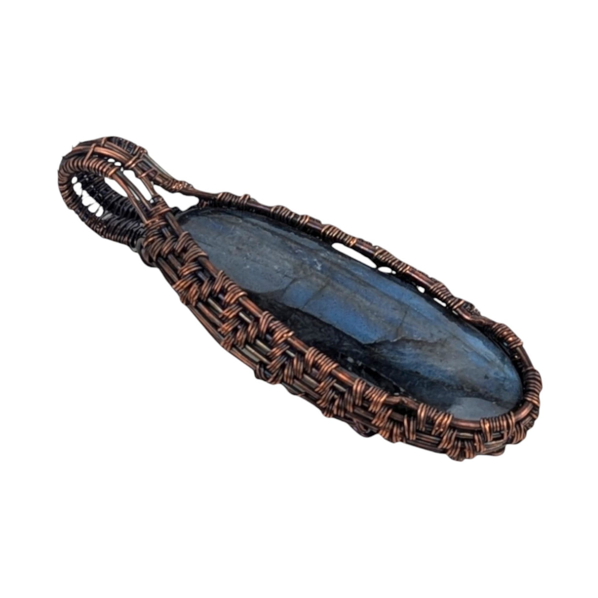 Handmade Blue Labradorite Copper Wire Wrapped Pendant: Antiqued Wire Weave Gemstone Jewelry Focal