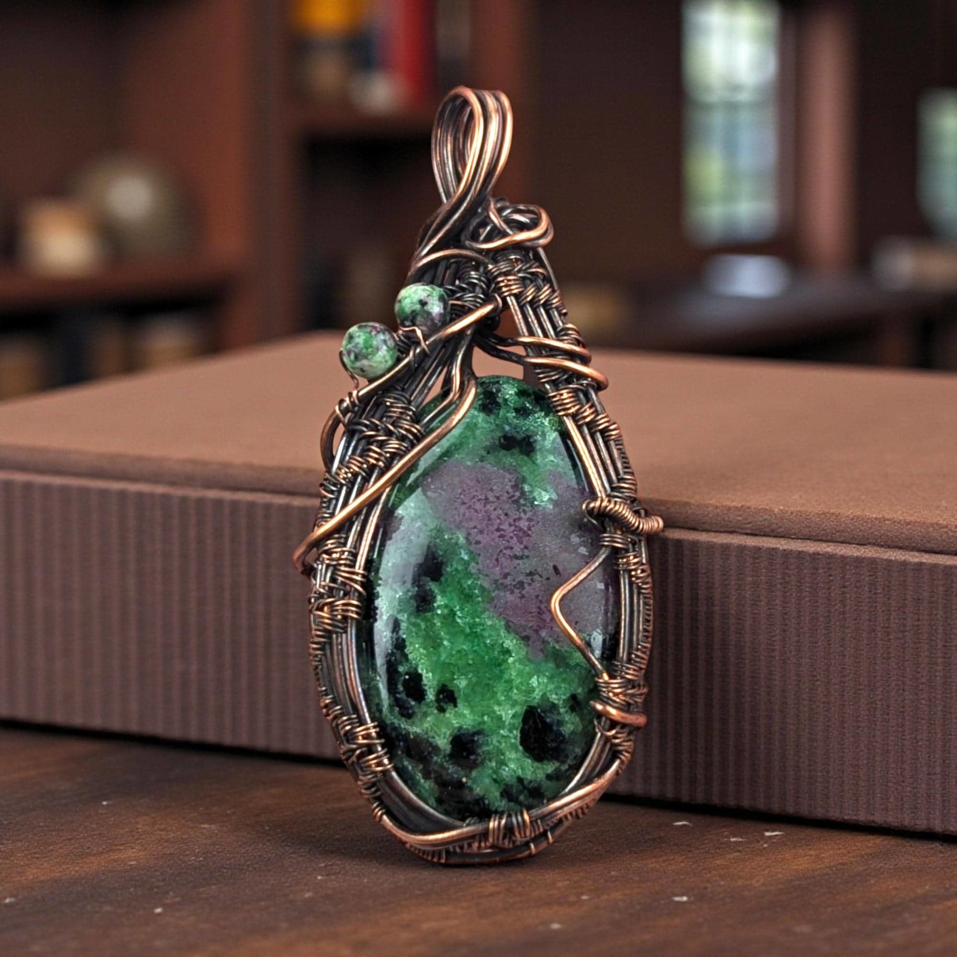 Handmade Ruby Fuchsite Copper Wire Wrapped Pendant: Antiqued Wire Weave Gemstone Jewelry