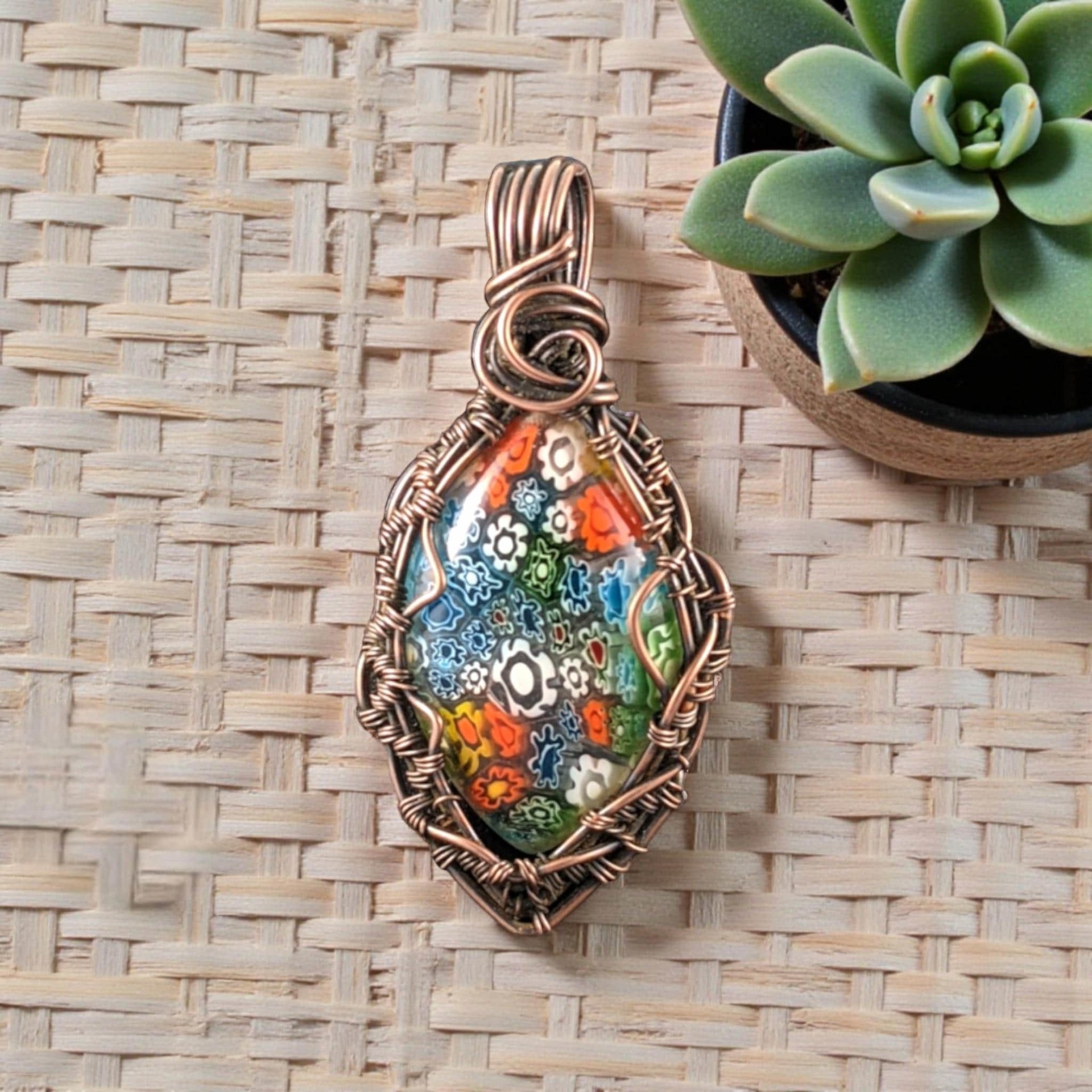 Millefiori Glass Copper Pendant: Handmade Wire Wrapped Flower Necklace