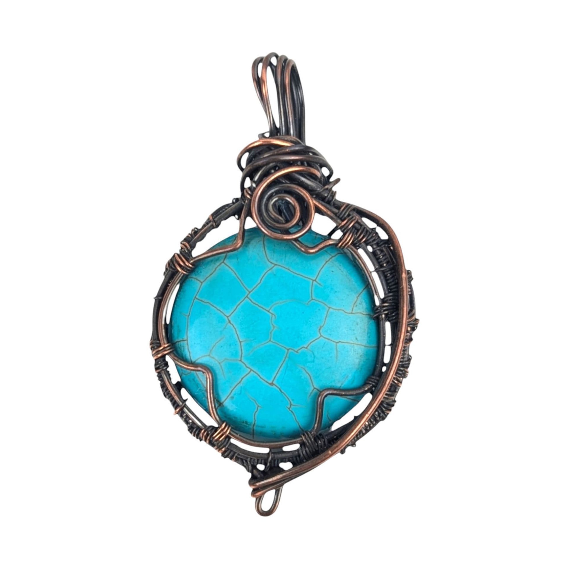 Turquoise Color Howlite Copper Pendant: Handmade Wire Wrapped Round Necklace