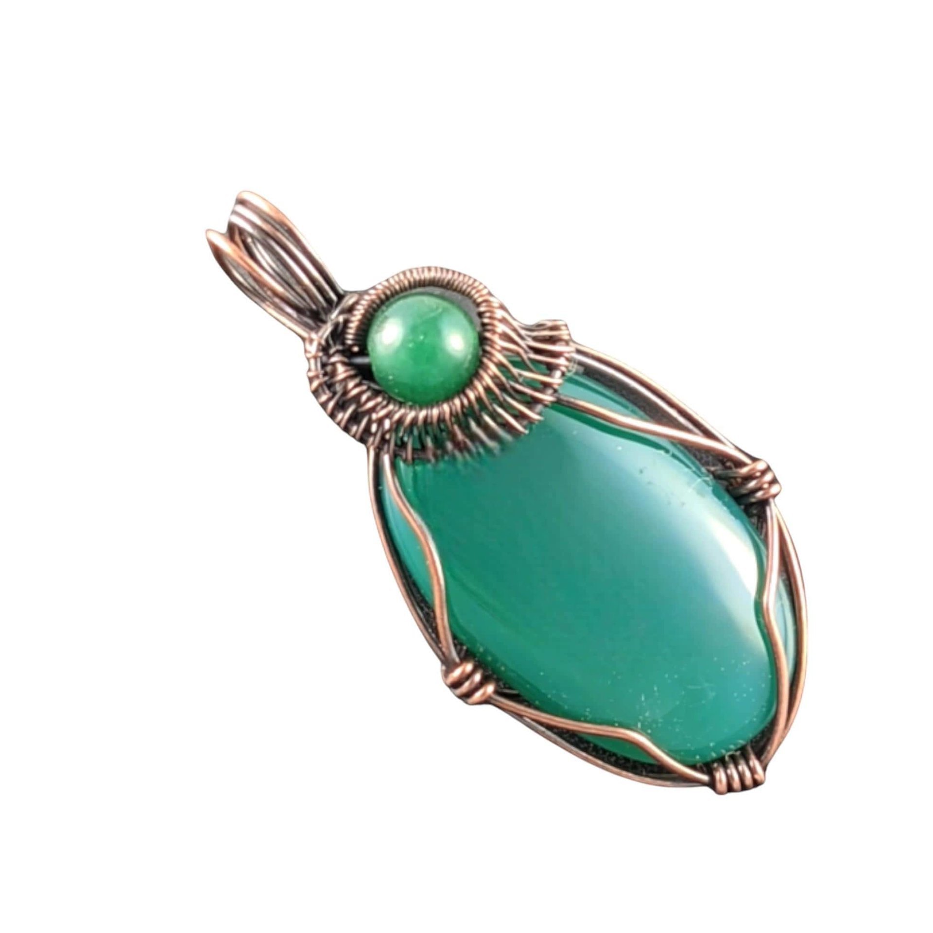 Green Onyx Copper Pendant: Handmade Wire Wrapped Oval Gemstone