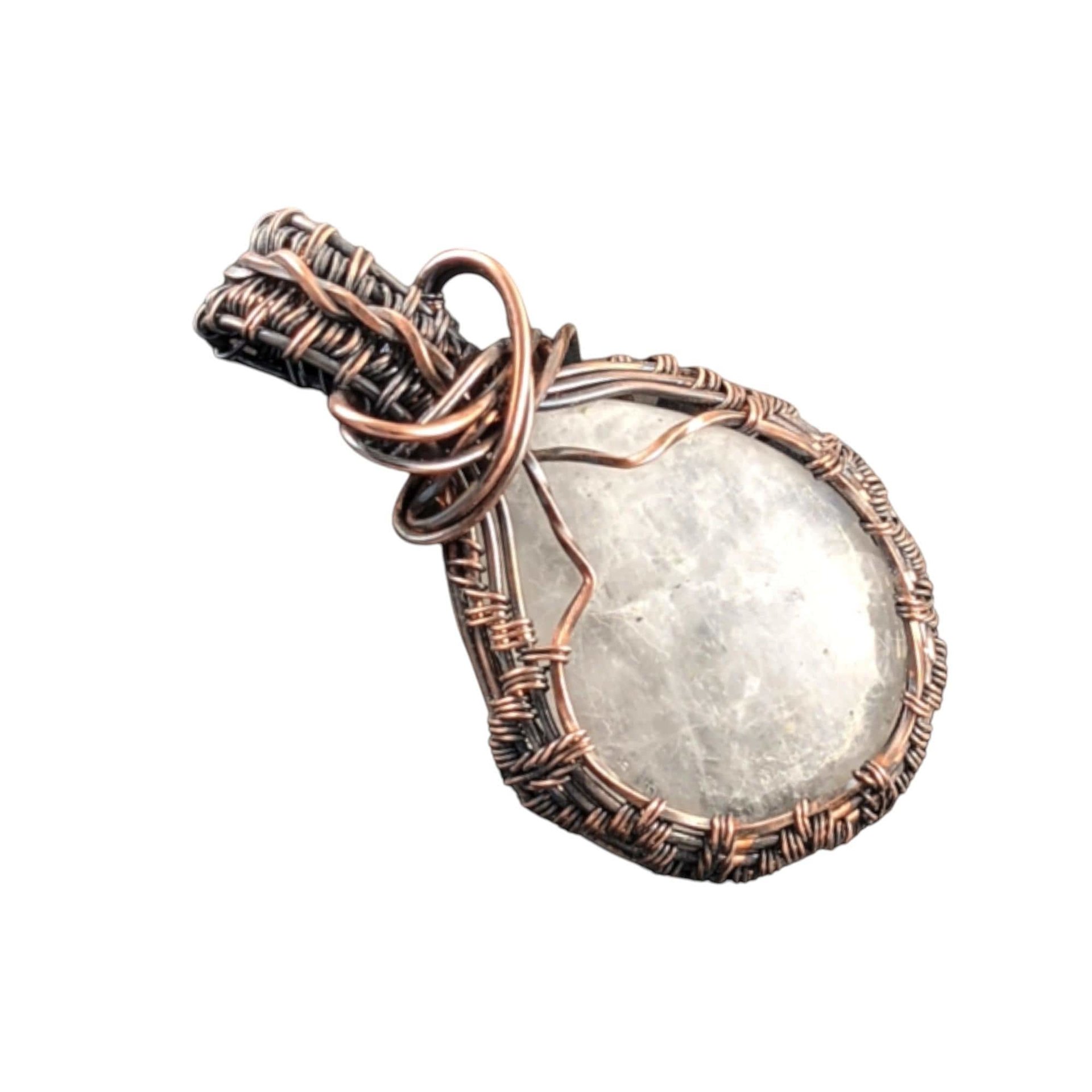 White Moonstone Copper Pendant: Handmade Wire Wrapped Teardrop