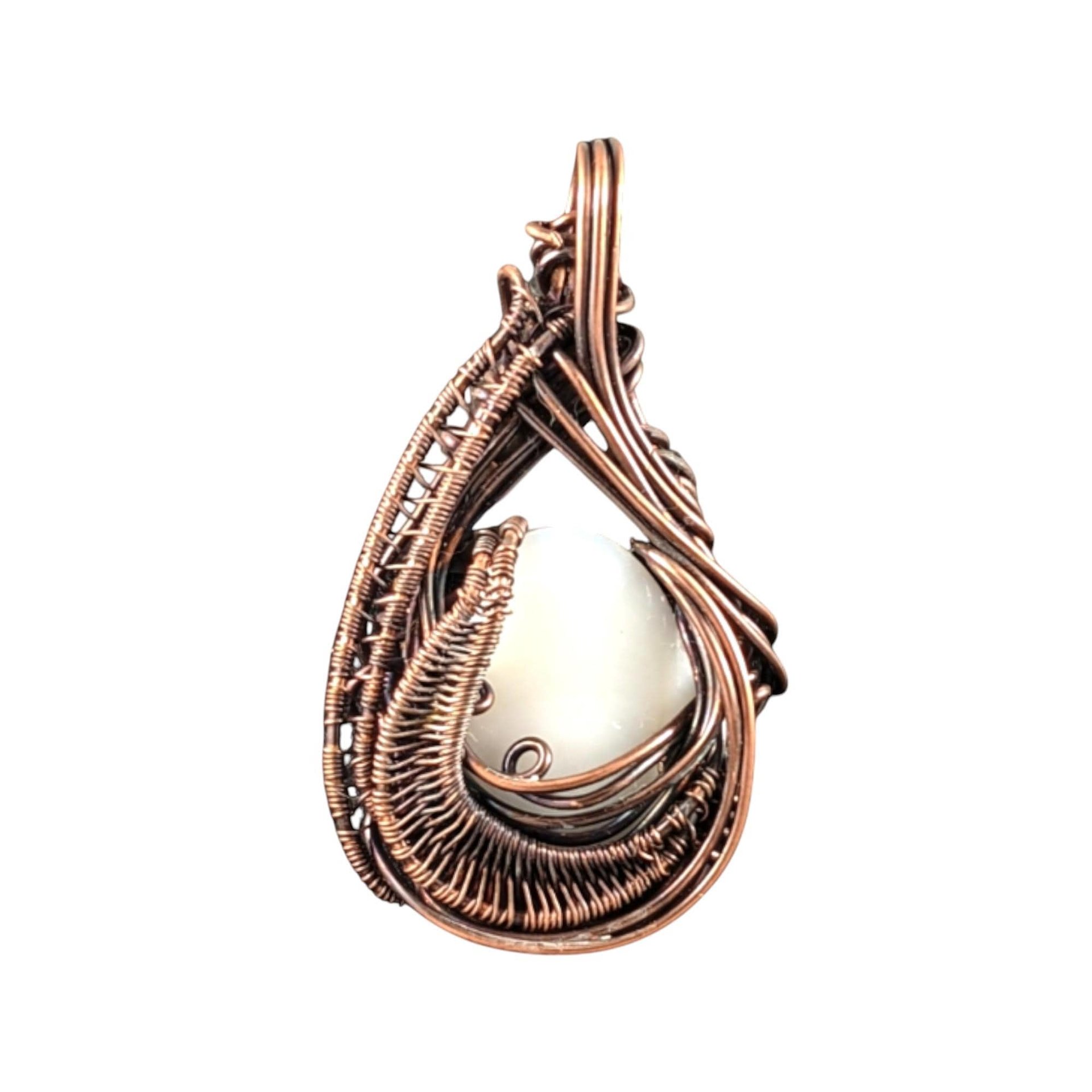 White Shell Copper Pendant: Handmade Wire Wrapped Teardrop Necklace
