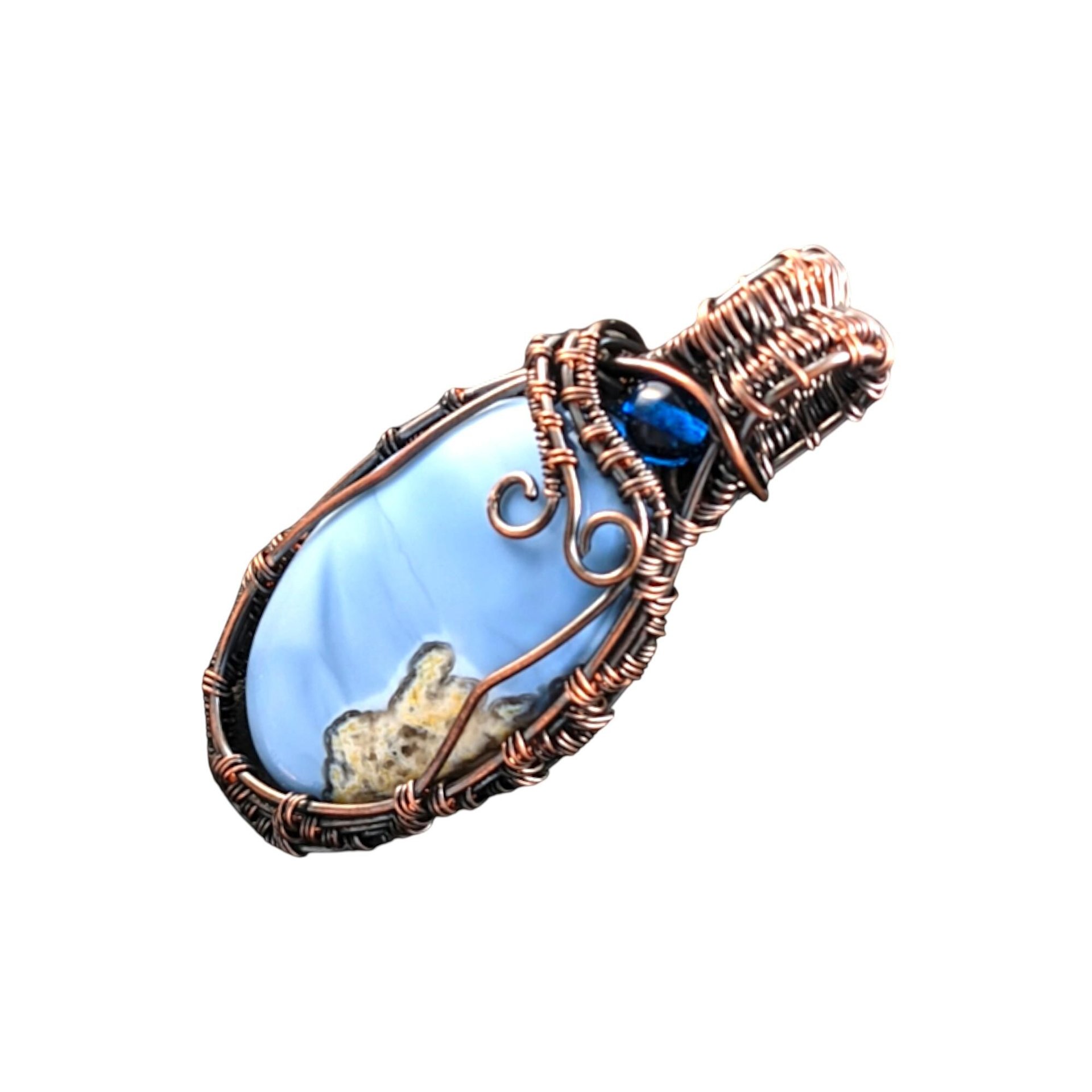 Blue Opal Copper Pendant: Handmade Wire Wrapped Oval Necklace