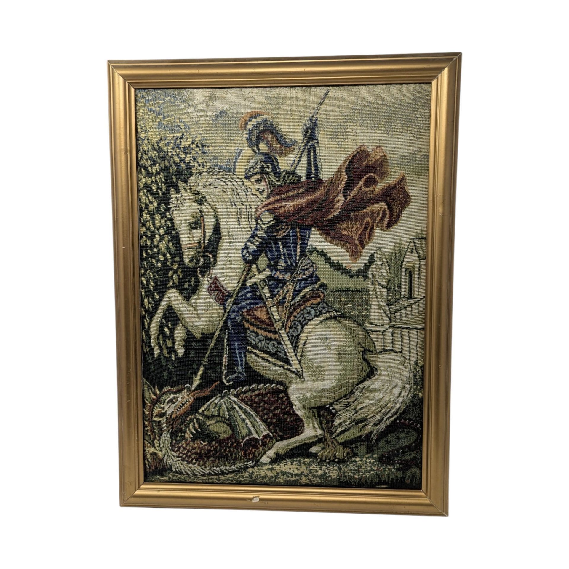 Vintage St George Slaying Dragon Puffy Tapestry: Framed Religious Art