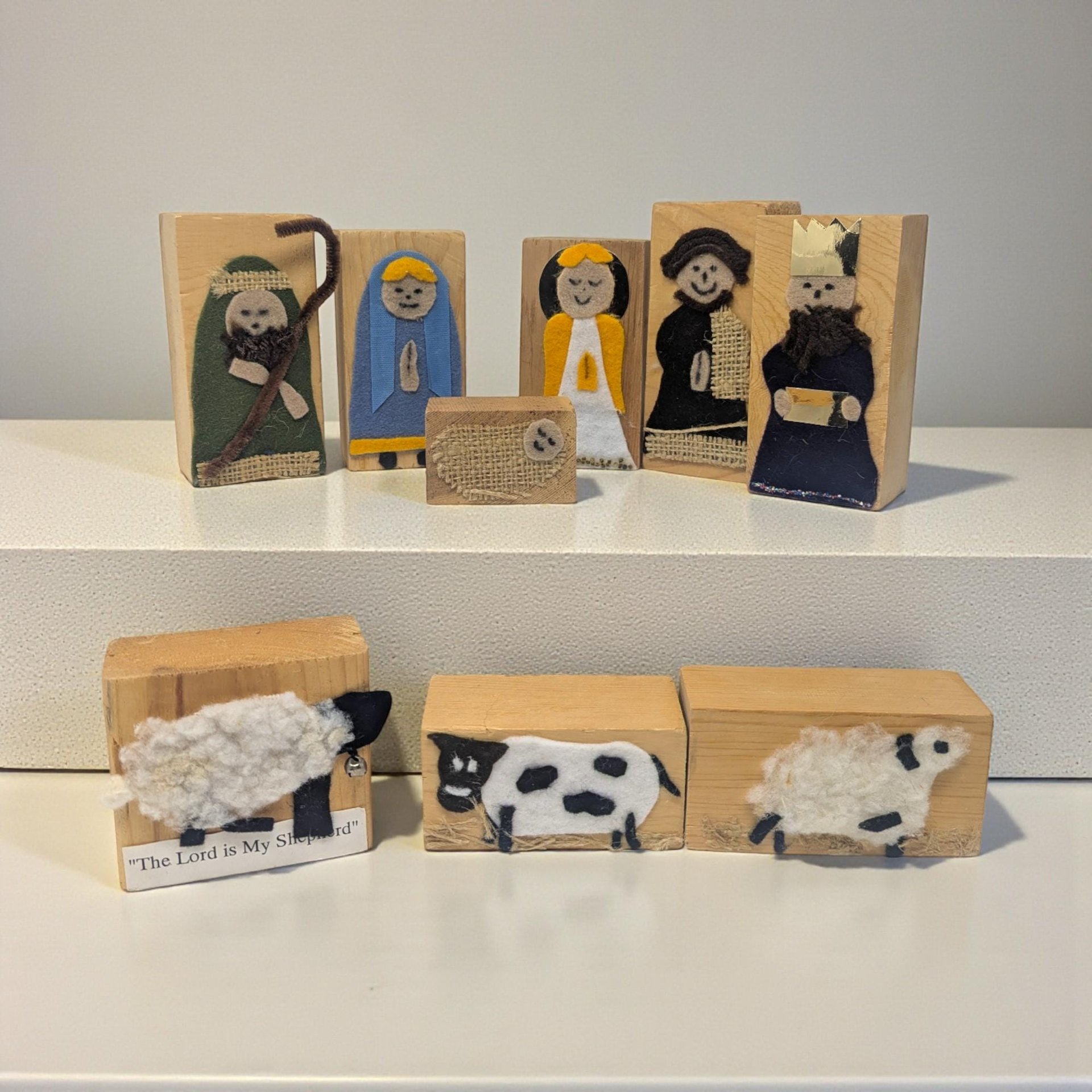 Vintage Handmade Felt Nativity Set: Wooden Block Christmas Creche