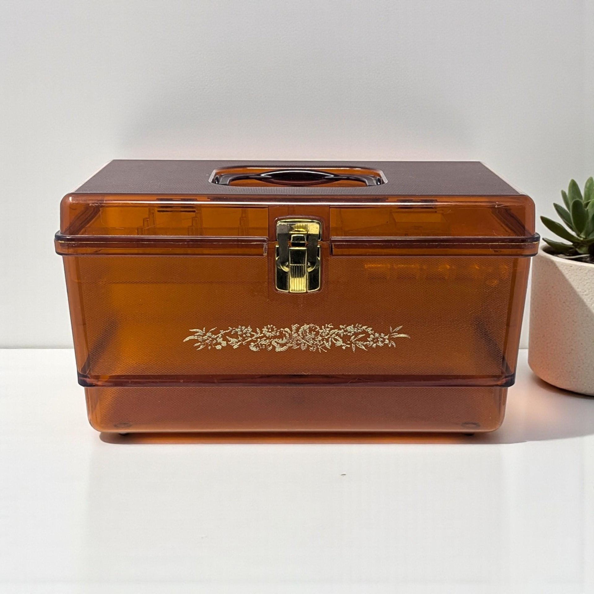 Vintage Amber Plastic Sewing Box: Floral Storage Case