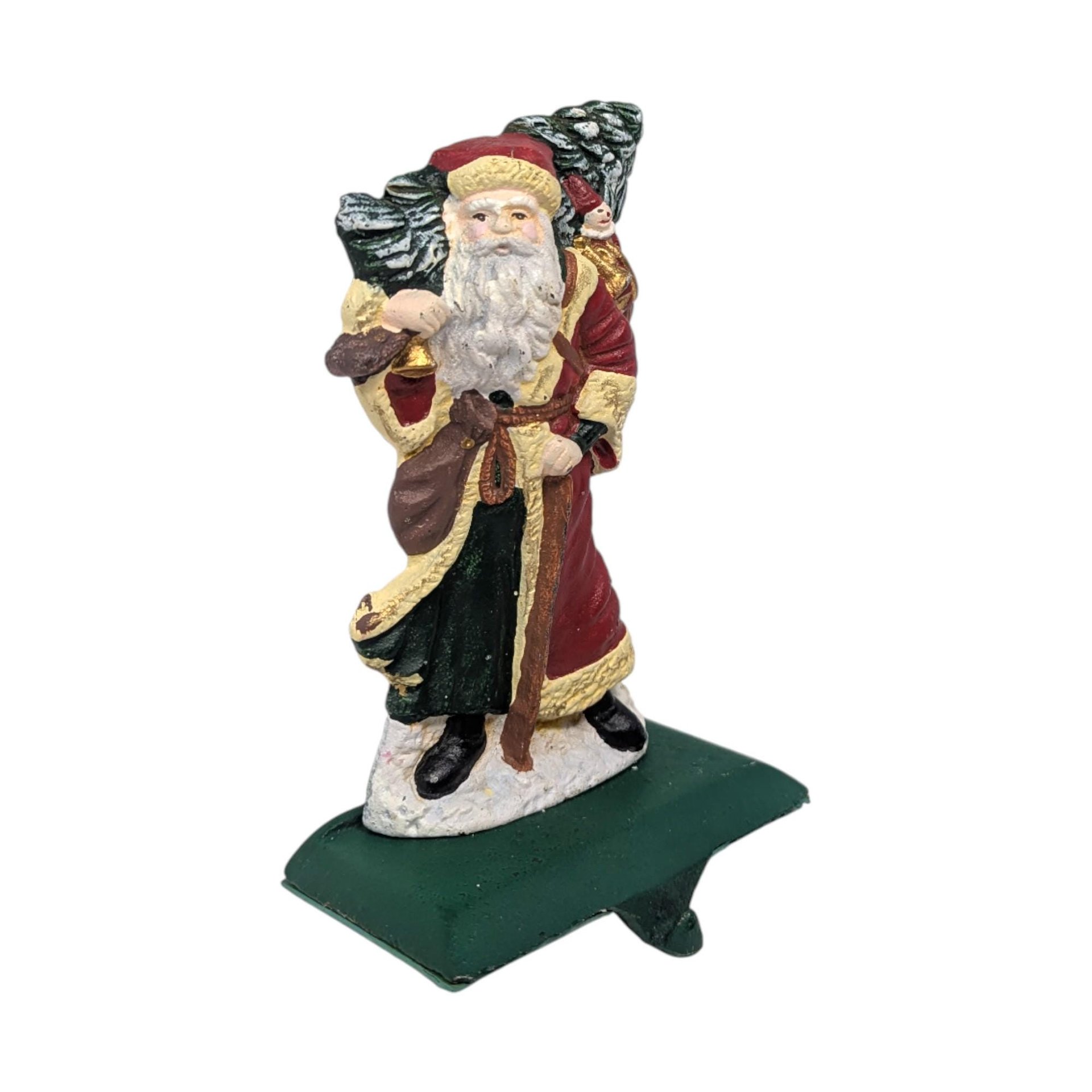 Vintage Cast Iron Santa Stocking Holder: Heavy Painted Christmas Mantel Decor
