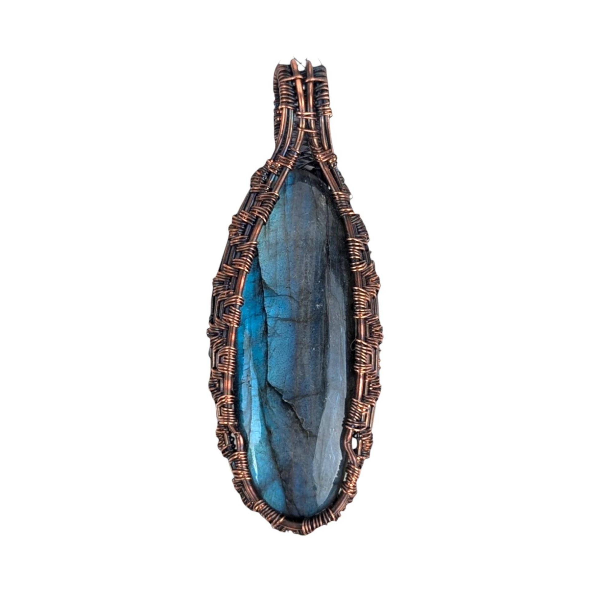 Handmade Blue Labradorite Copper Wire Wrapped Pendant: Antiqued Wire Weave Gemstone Jewelry Focal
