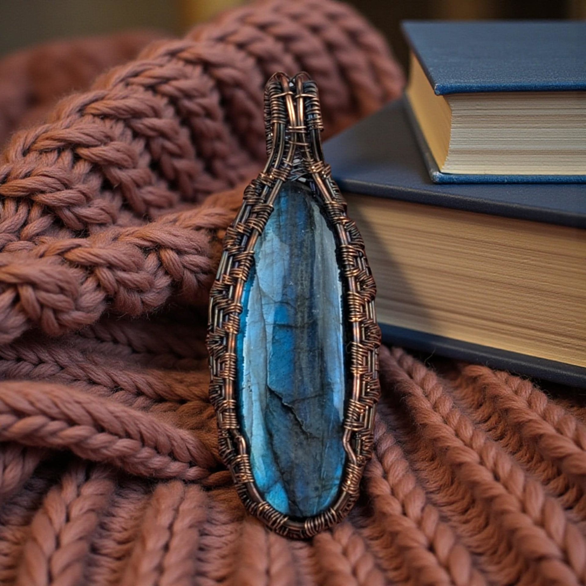 Handmade Blue Labradorite Copper Wire Wrapped Pendant: Antiqued Wire Weave Gemstone Jewelry Focal