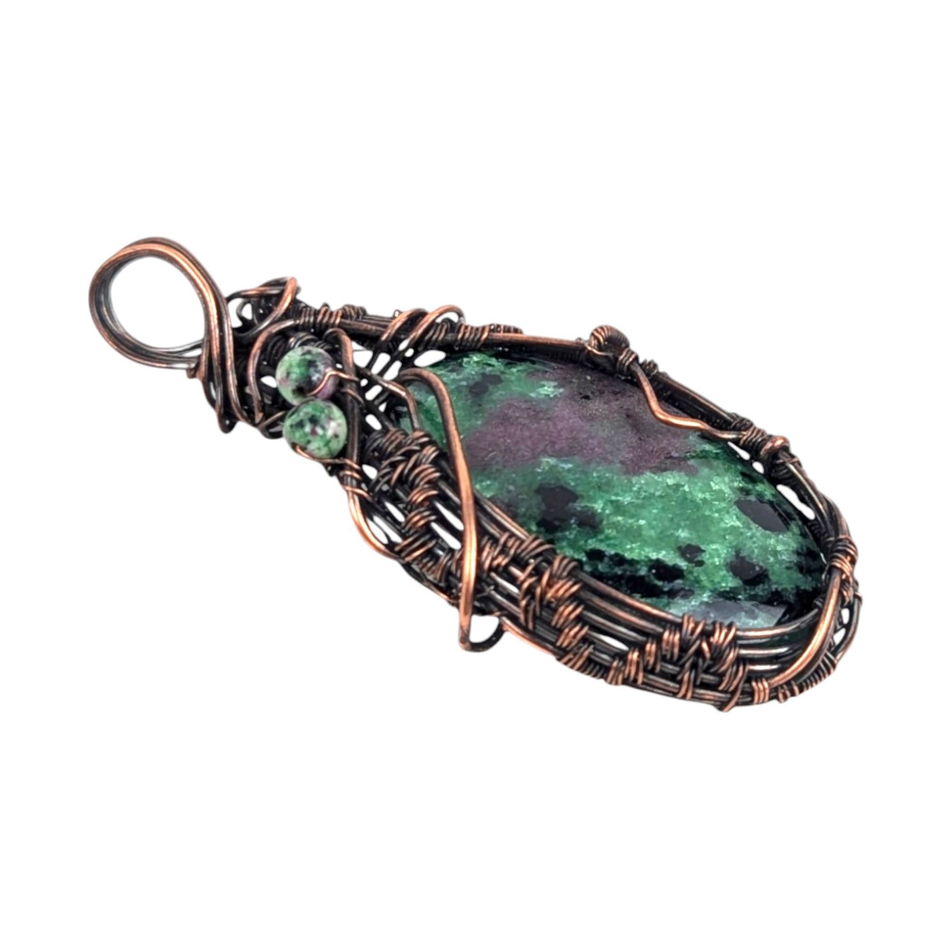 Handmade Ruby Fuchsite Copper Wire Wrapped Pendant: Antiqued Wire Weave Gemstone Jewelry