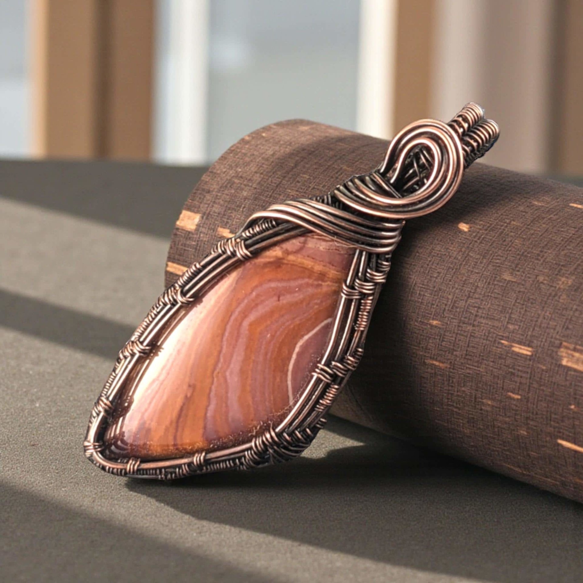 Handmade Tan Agate Copper Wire Wrapped Pendant: Antiqued Jewelry Focal