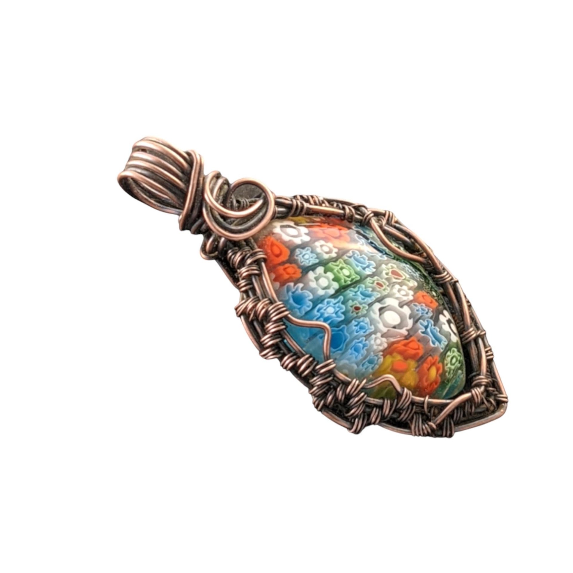 Millefiori Glass Copper Pendant: Handmade Wire Wrapped Flower Necklace