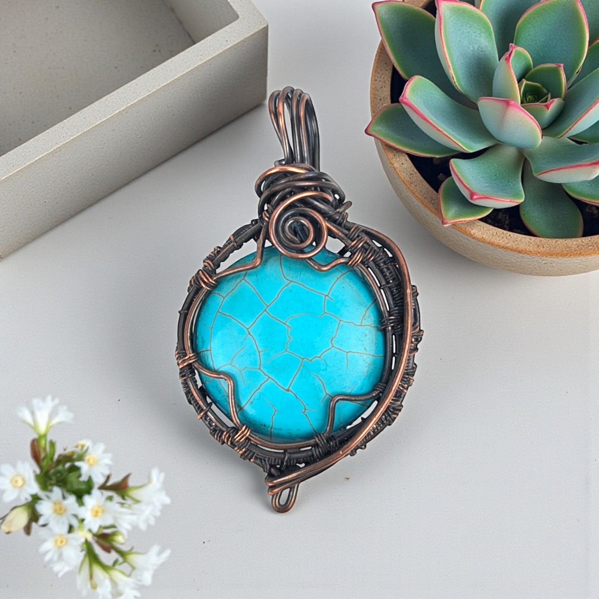 Turquoise Color Howlite Copper Pendant: Handmade Wire Wrapped Round Necklace