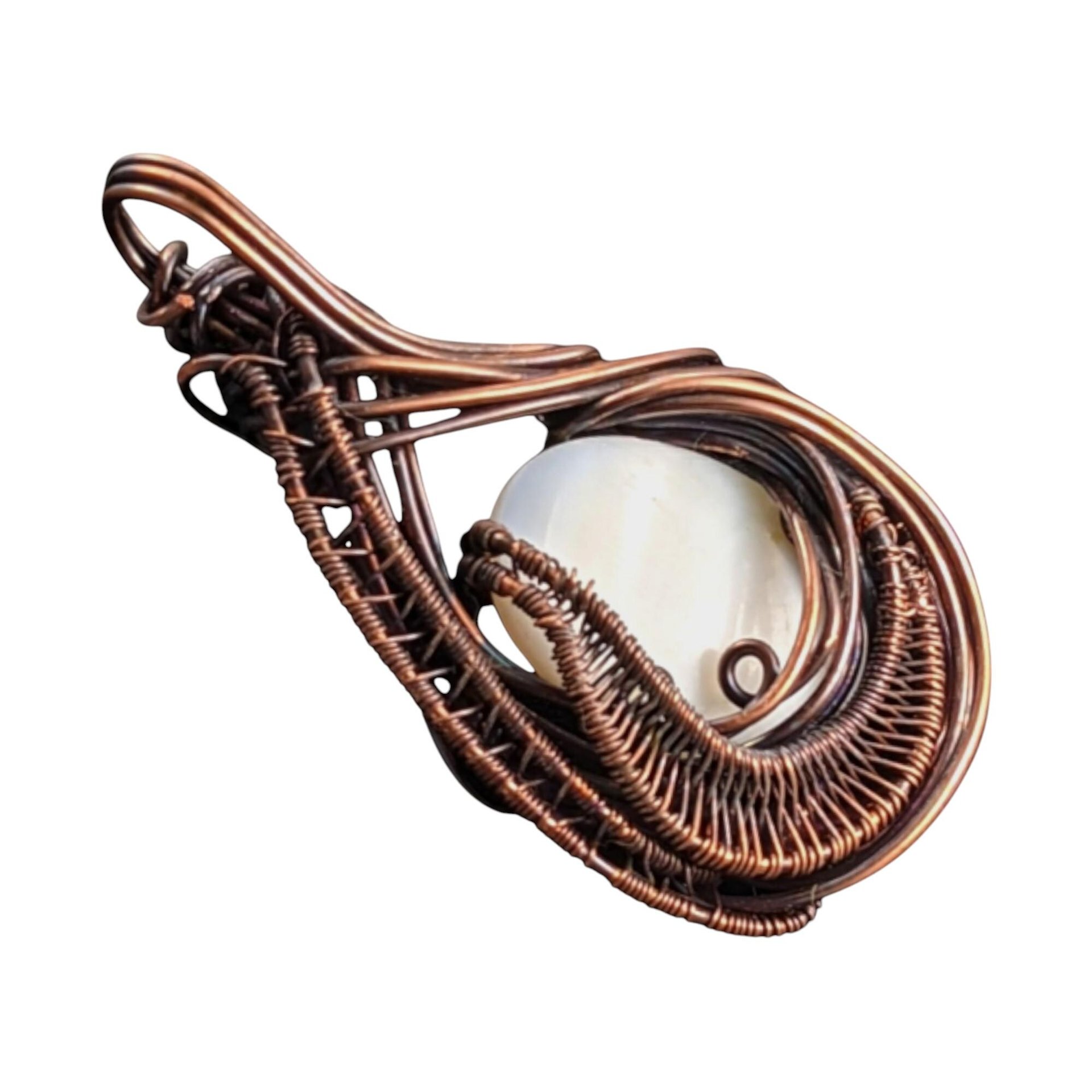 White Shell Copper Pendant: Handmade Wire Wrapped Teardrop Necklace