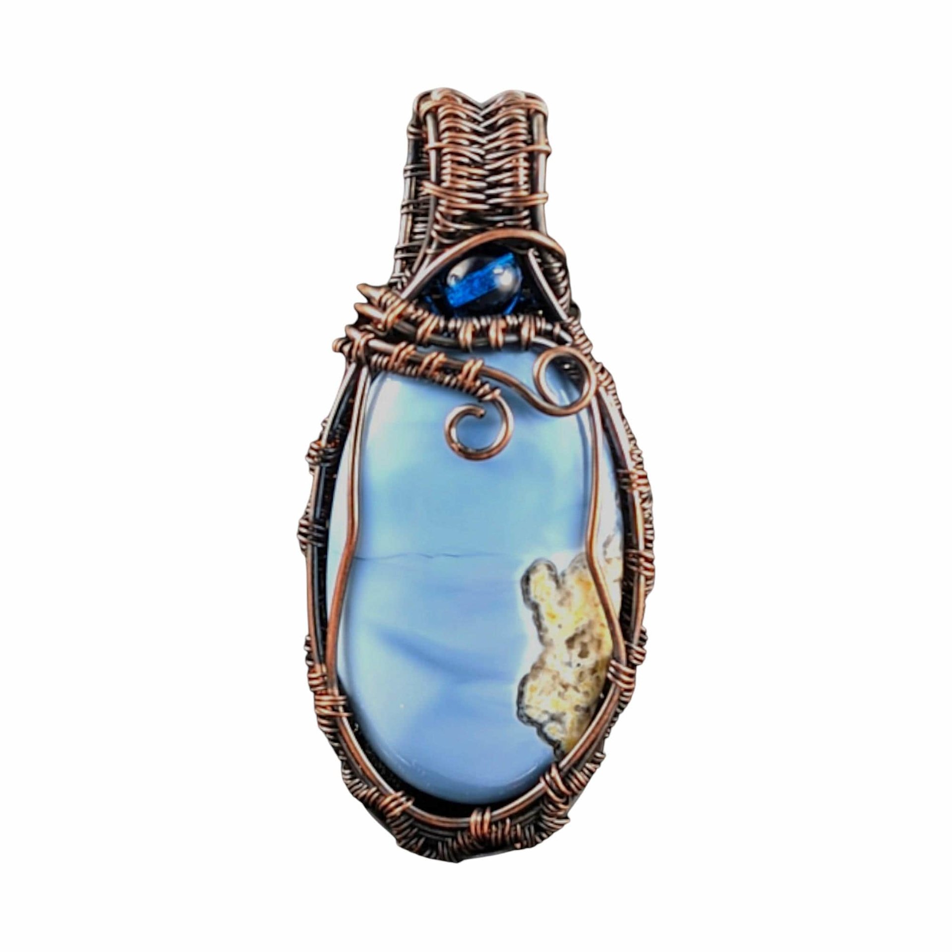 Blue Opal Copper Pendant: Handmade Wire Wrapped Oval Necklace