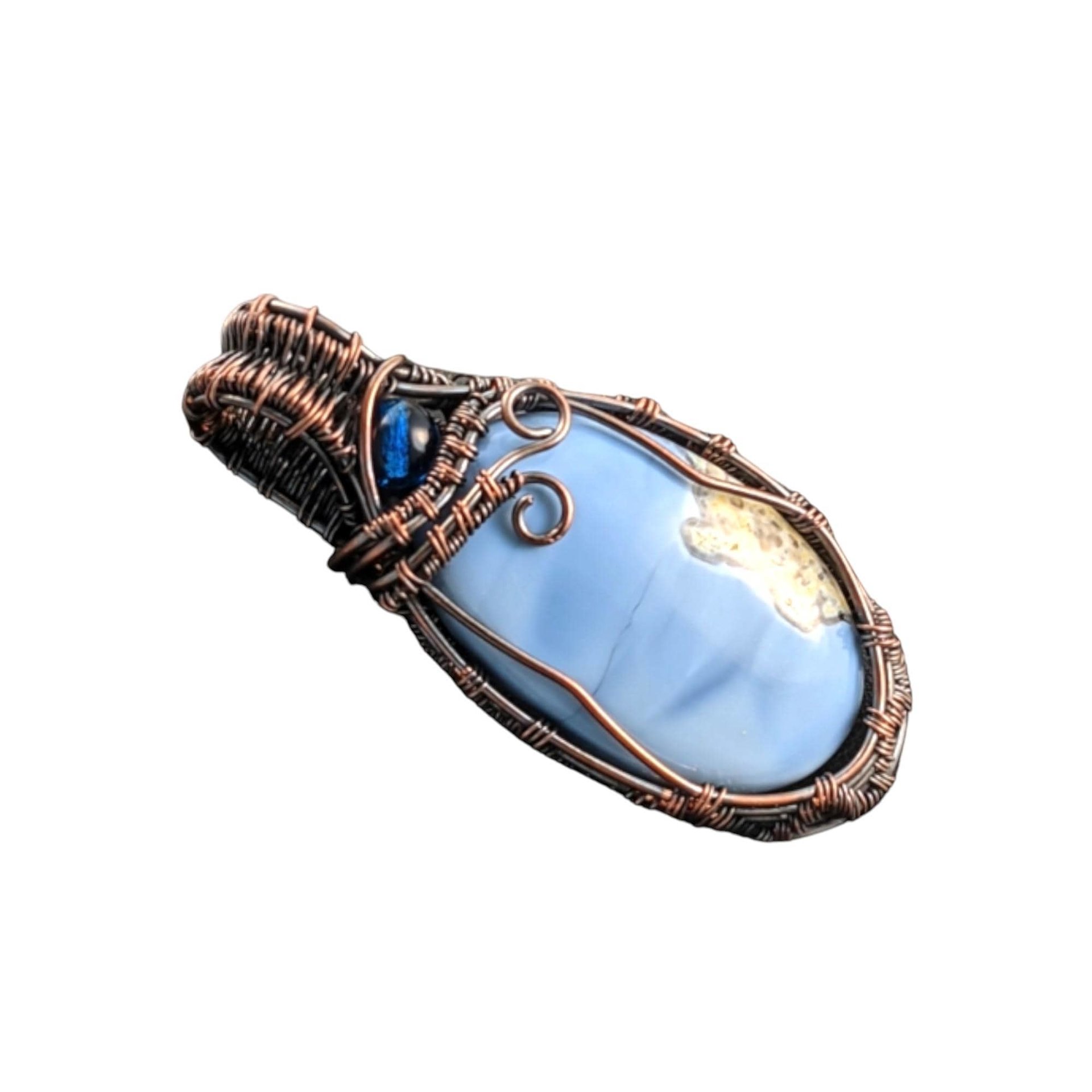 Blue Opal Copper Pendant: Handmade Wire Wrapped Oval Necklace