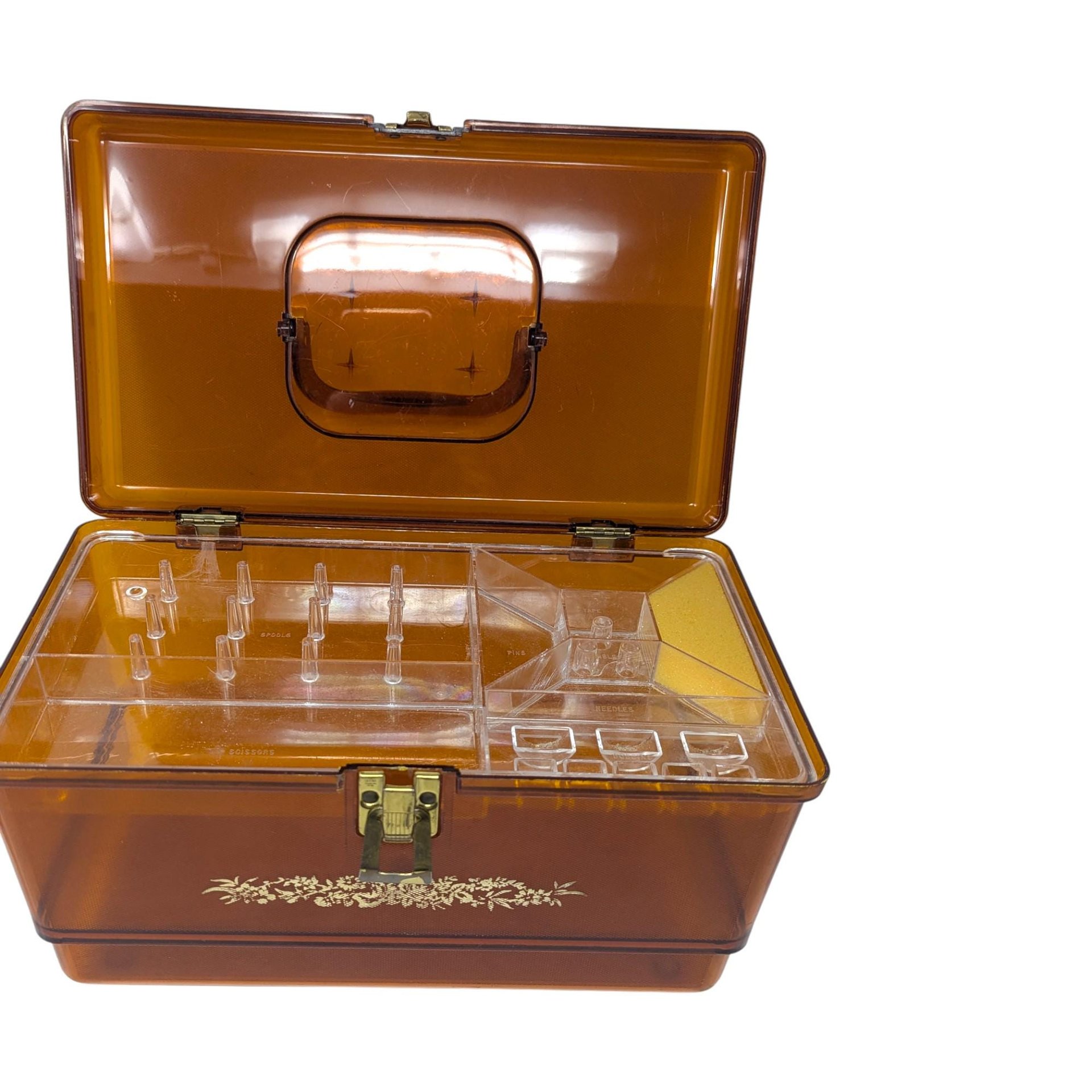 Vintage Amber Plastic Sewing Box: Floral Storage Case