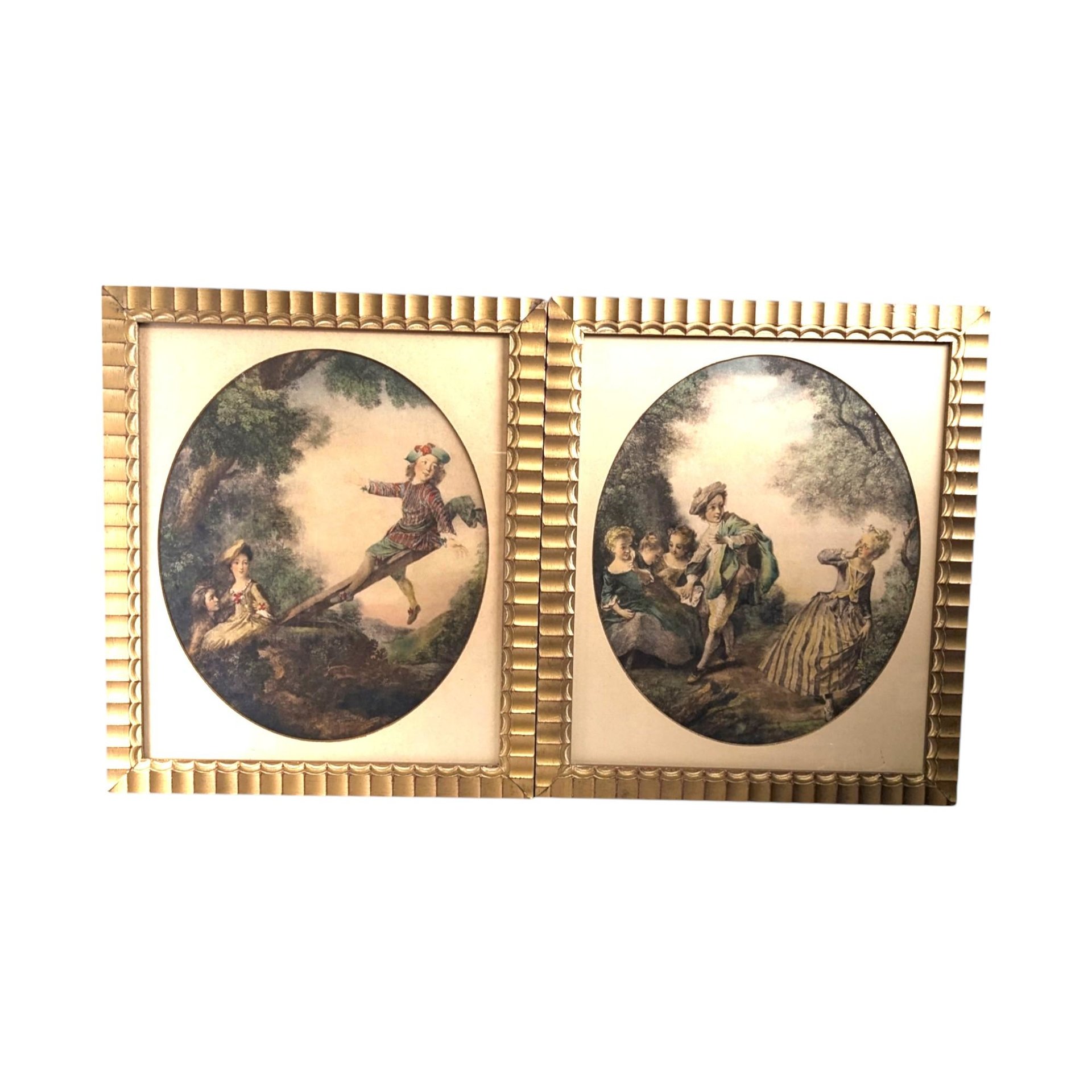 1940s Framed Nicolas Lancret Prints: The Seesaw and Dropping Hankie