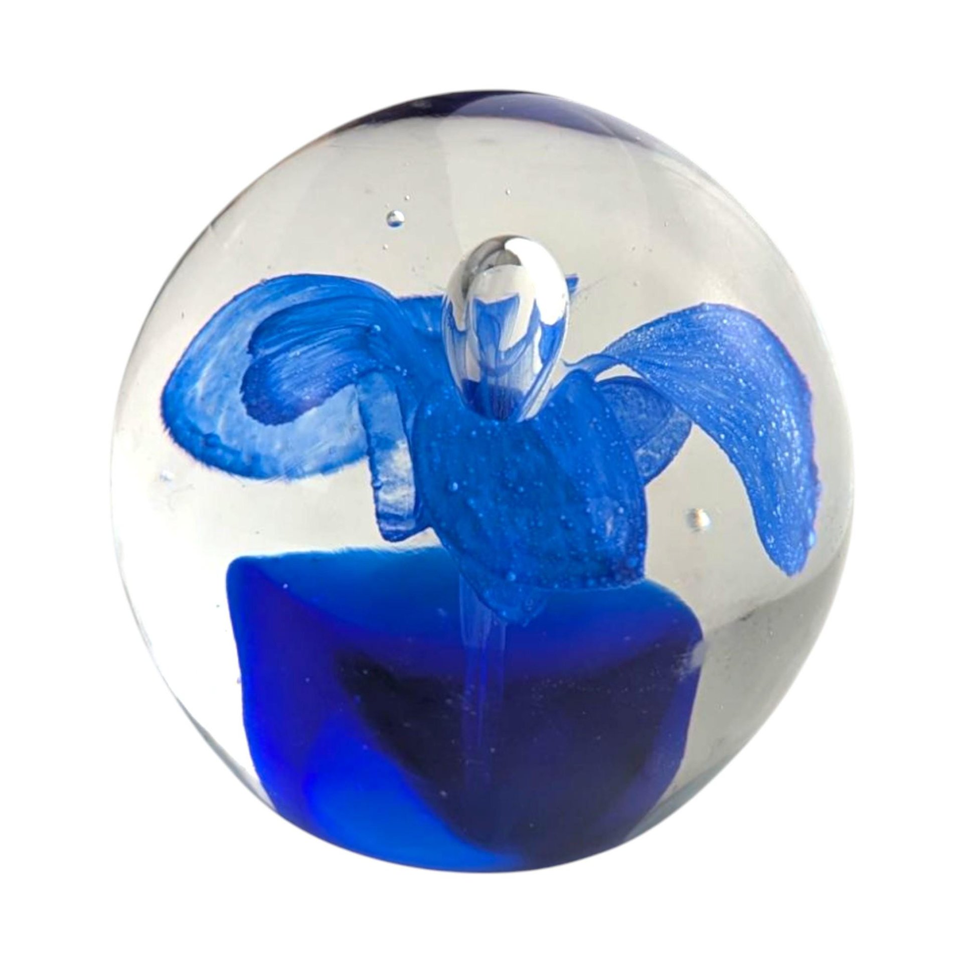Vintage Art Glass Paperweight: Cobalt Blue Flower with Bubbles