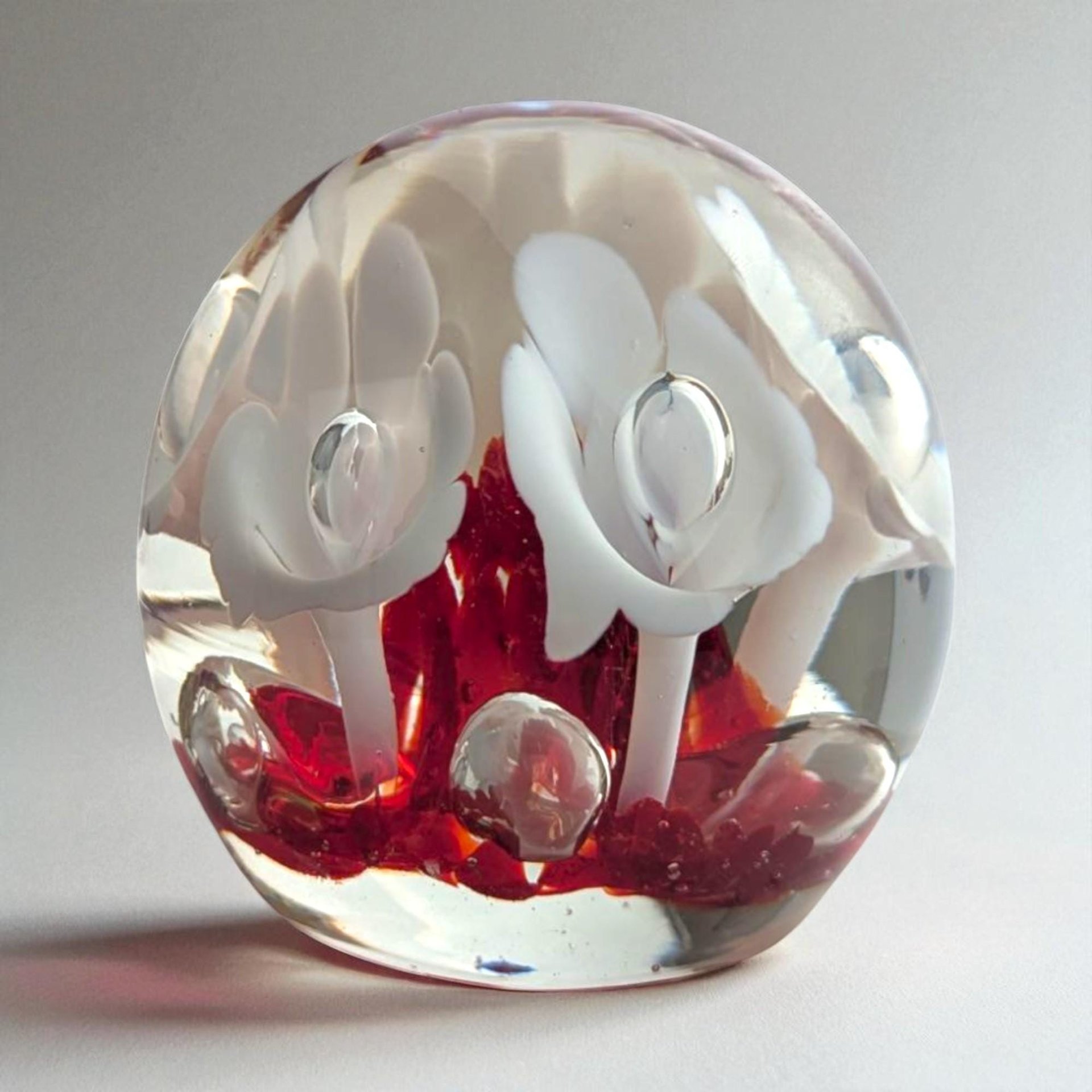 Vintage Art Glass Paperweight: Red with White Flowers