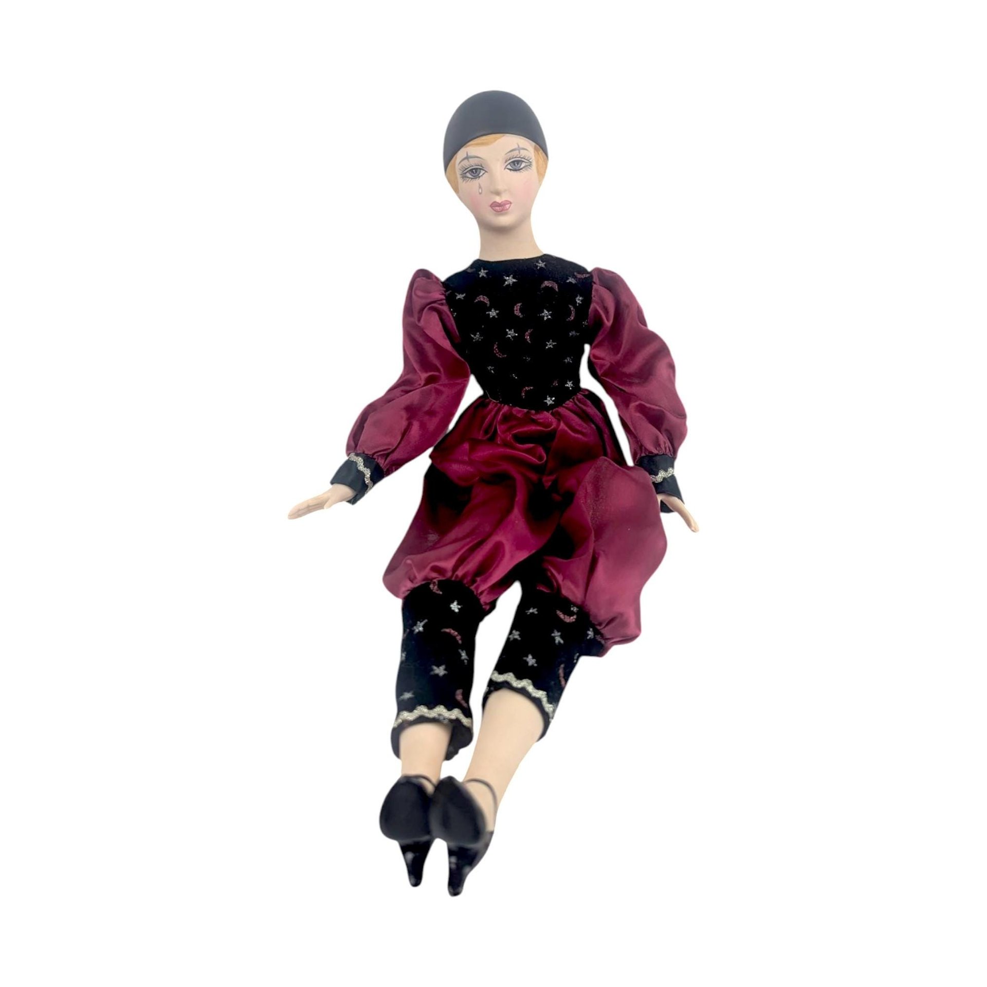 Vintage 18" Harlequin Red and Black Pierrot Doll