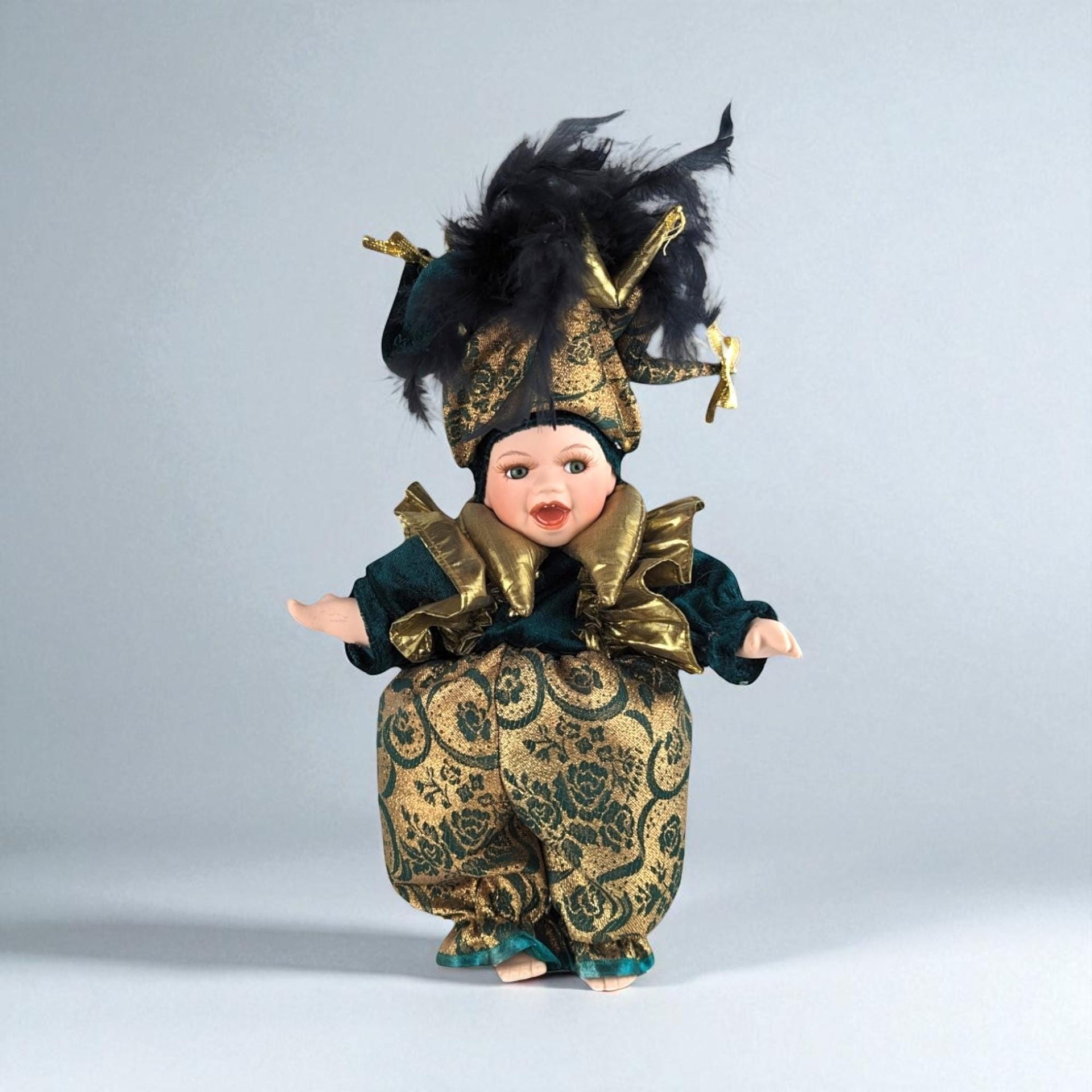 Vintage 12" Porcelain Green and Gold Mardi Gras Jester