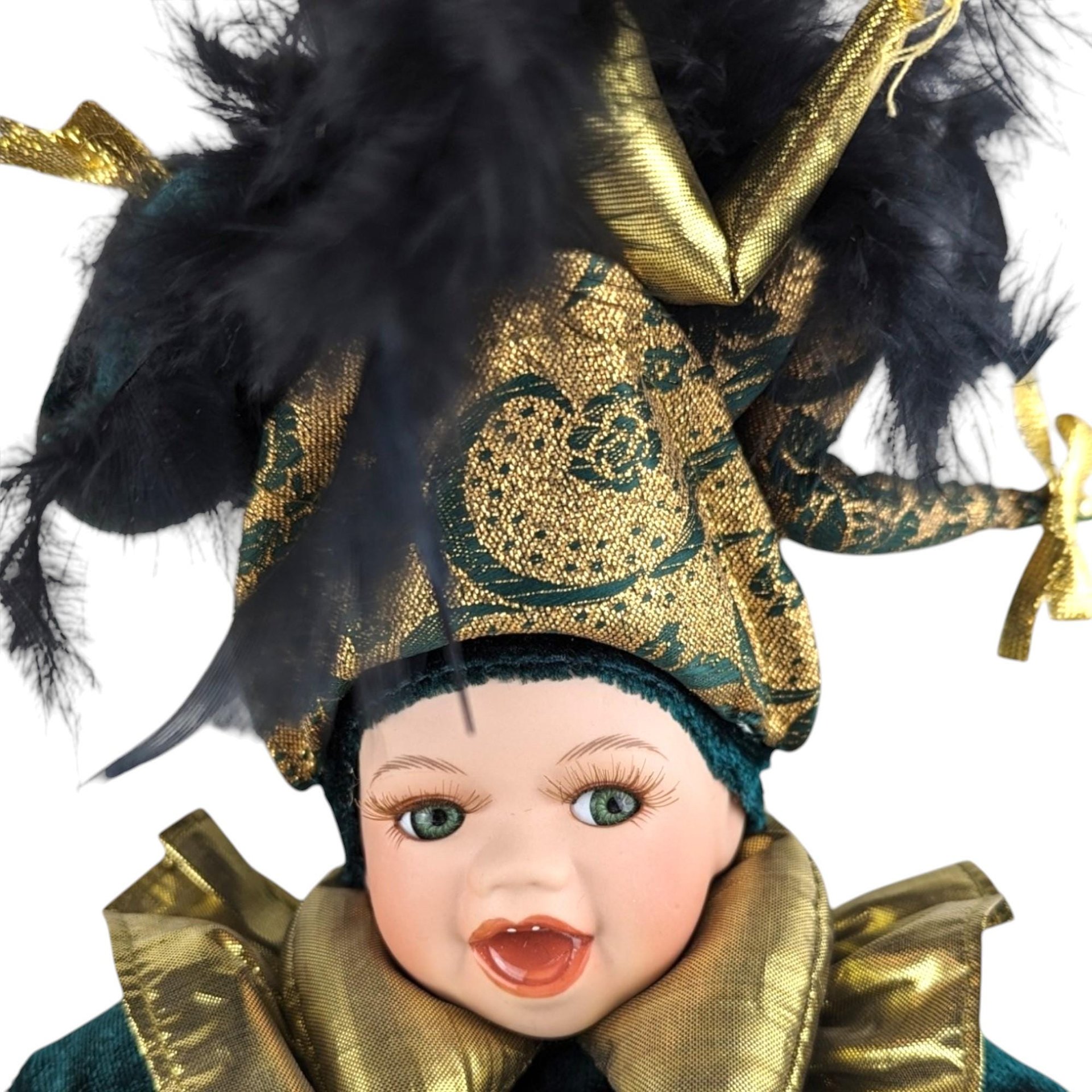 Vintage 12" Porcelain Green and Gold Mardi Gras Jester