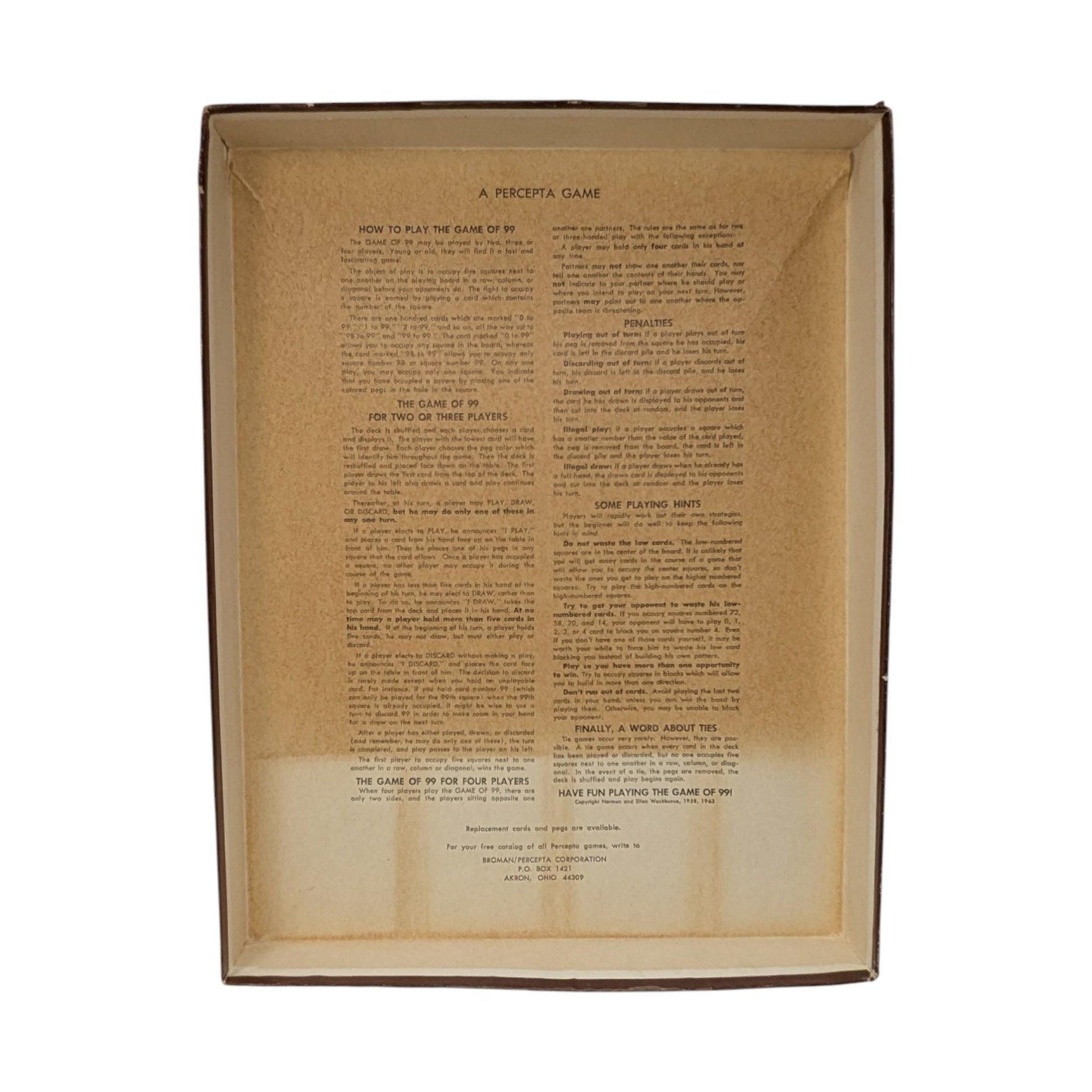 Vintage 1963 Game of 99 Strategy Board Game: Percepta Games Norman Washburne