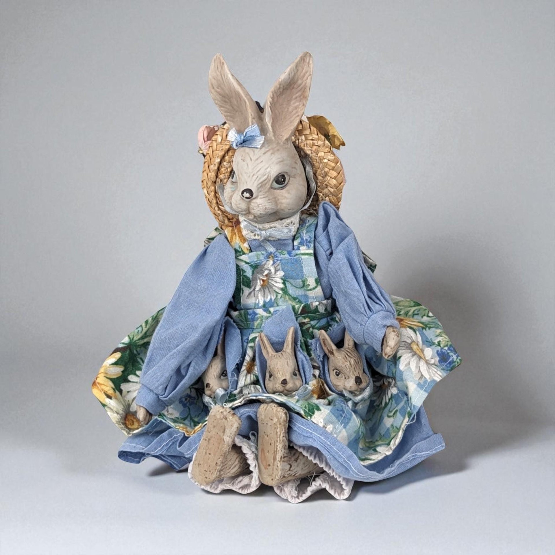Vintage Ceramic and Cloth Mother Rabbit with Babies
