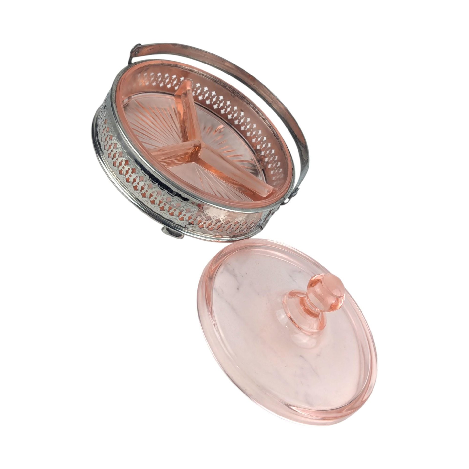 Vintage Pink Glass Covered 3-Part Bowl